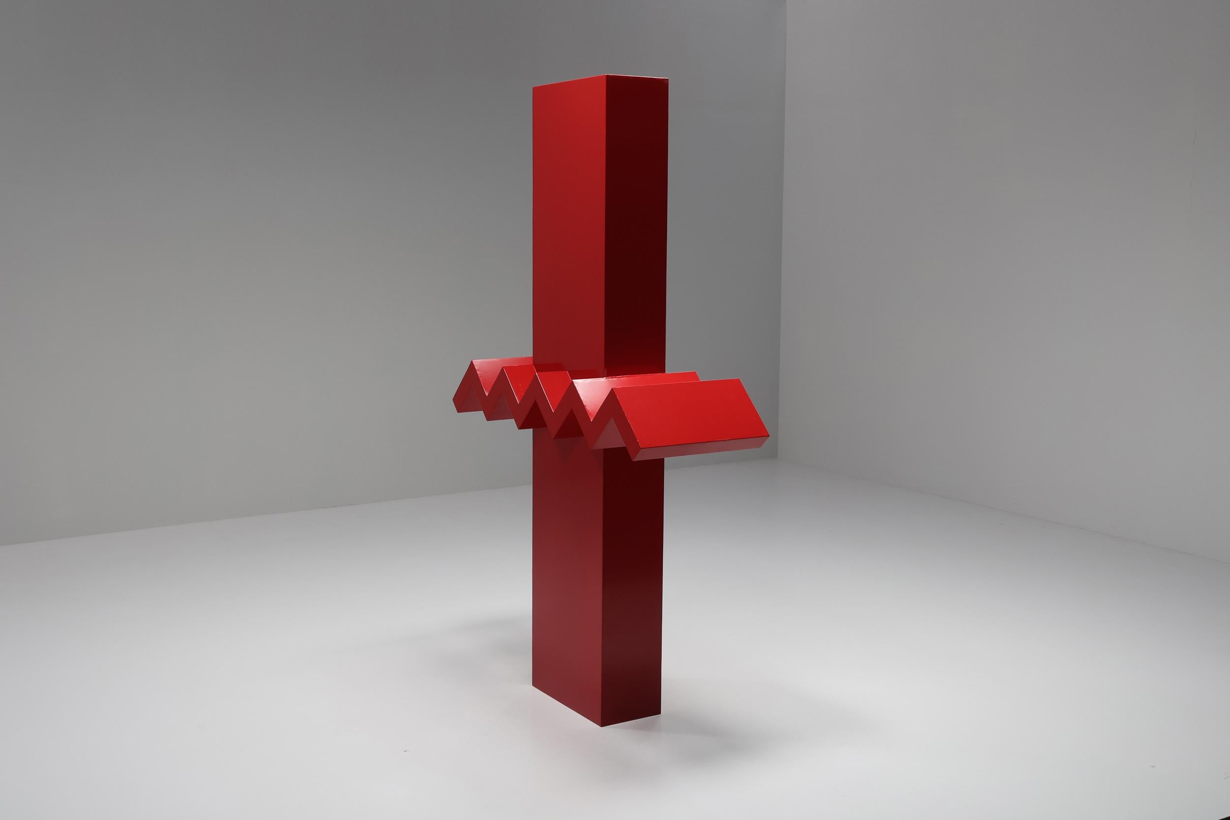 Late 20th Century Red Abstract Post-Modern Sculpture, Hic & Nunc Belgian Artworks, 1989 For Sale