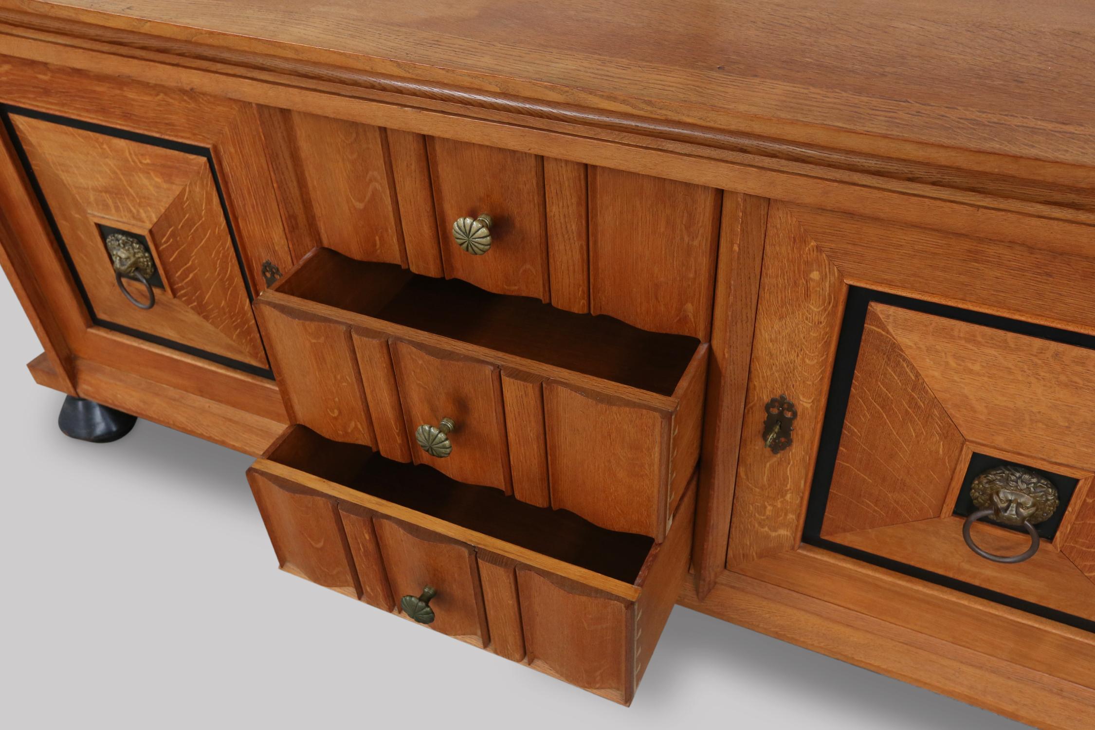 Belgian Late Art Deco Sideboard in Solid Oak and Brass Details For Sale 11