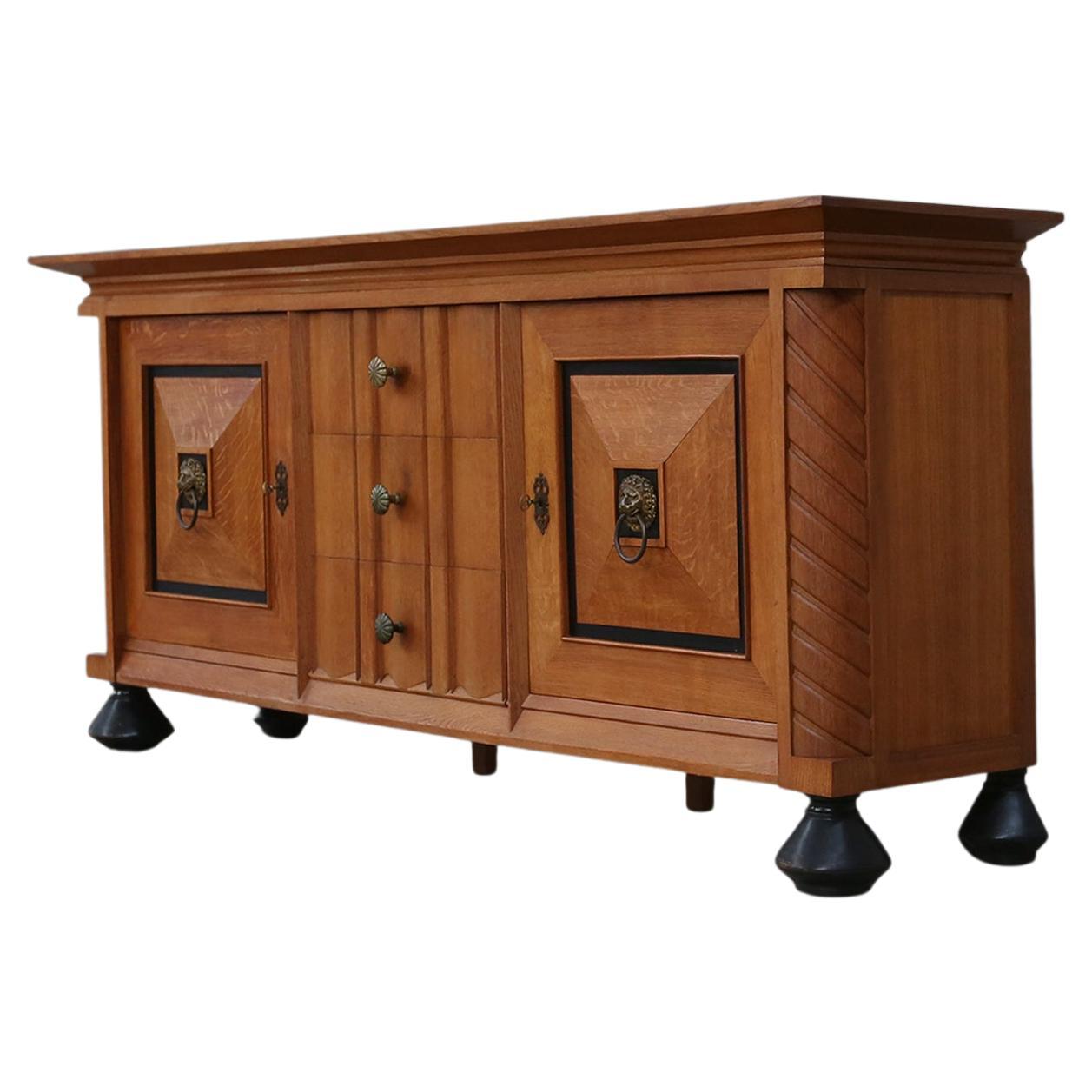 Belgian Late Art Deco Sideboard in Solid Oak and Brass Details For Sale