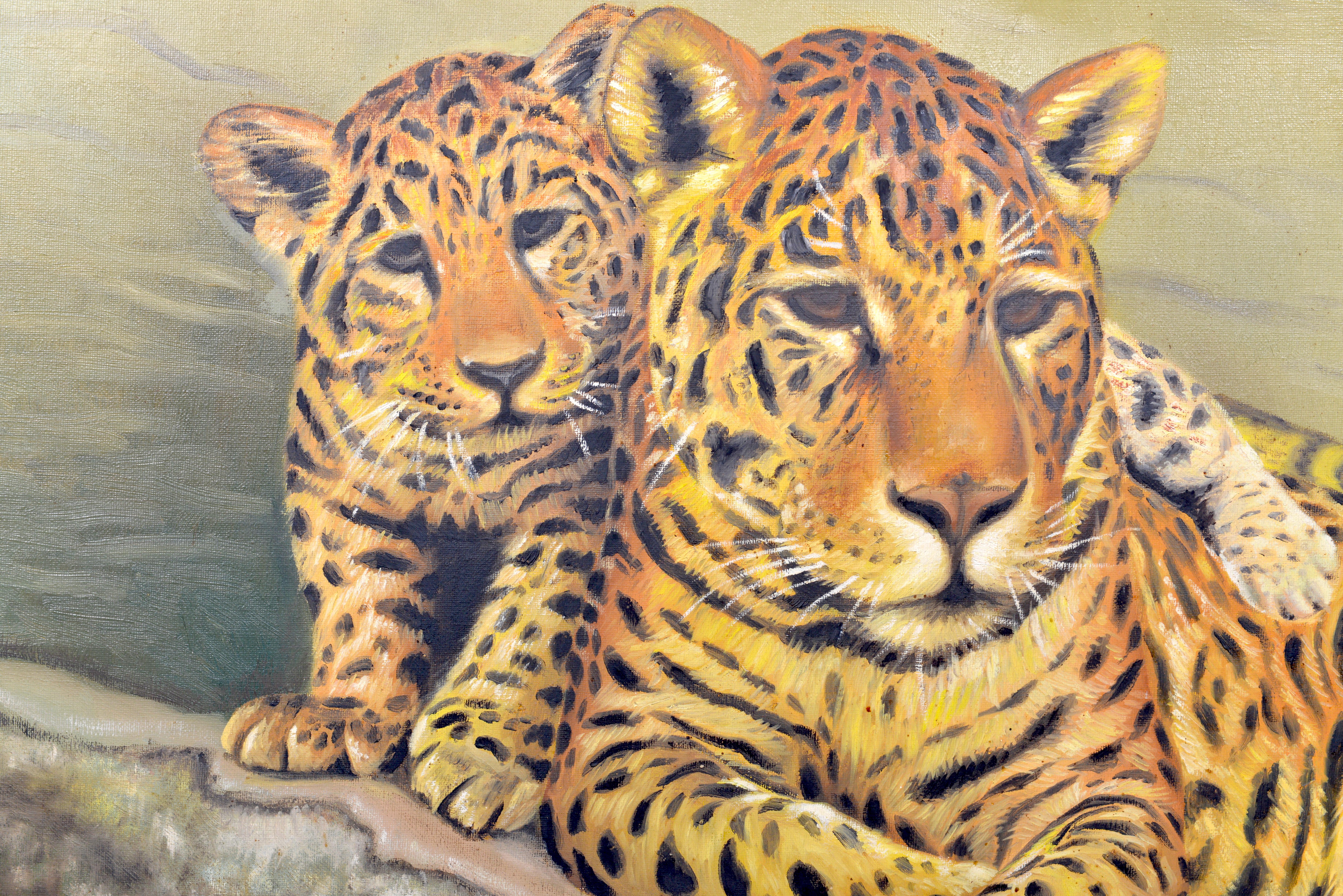 J. Verhaecke painting of two leopards, Belgium, 1968.
Touching family scene of a mother leopard and her leopard cub. Painted by Belgian artist Verheecke, dated 26-01-1968. Leopard cubs are born weak, vulnerable and entirely reliant on their mother.