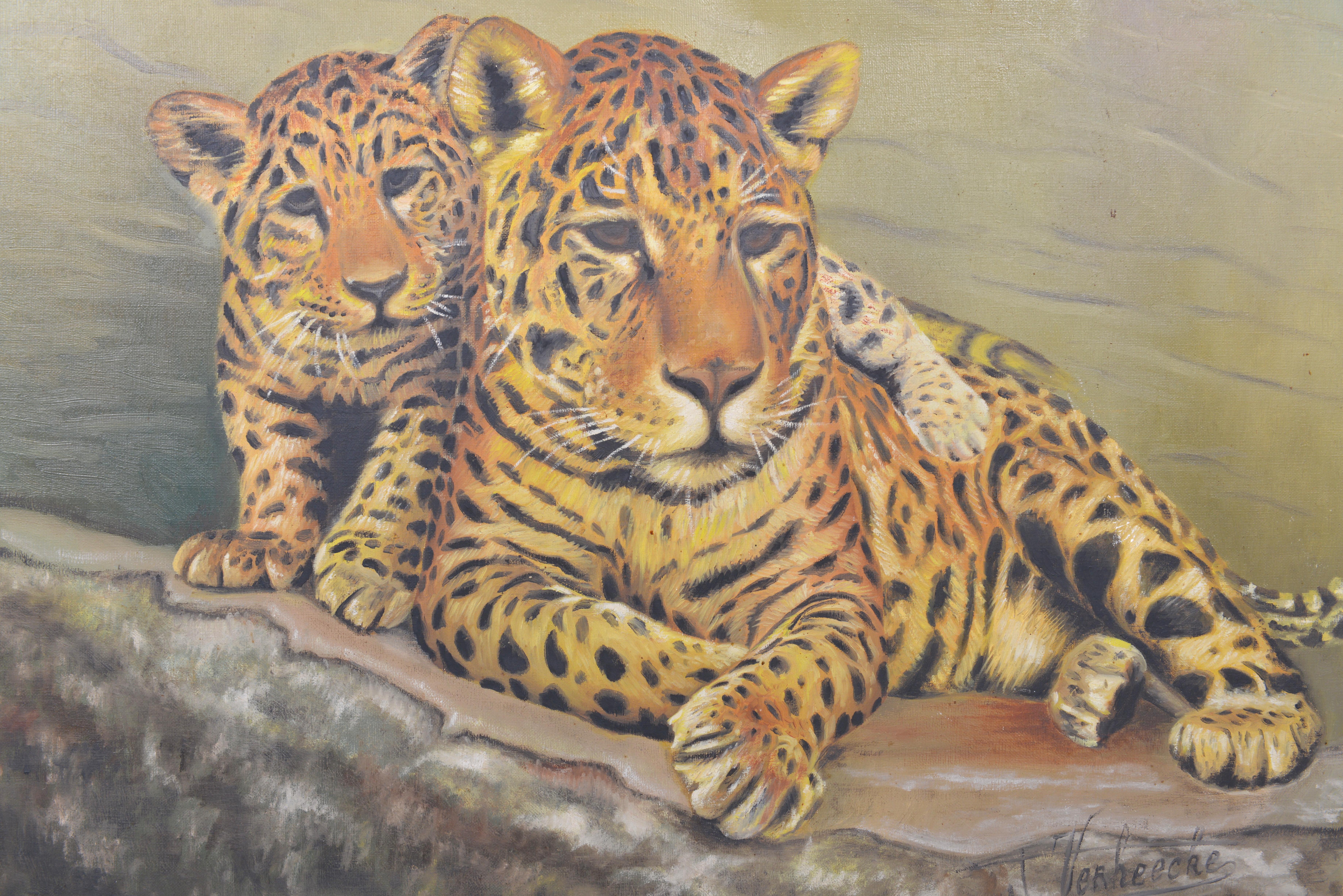 Mid-20th Century Belgian Leopards Painting, Belgium, 1968 For Sale