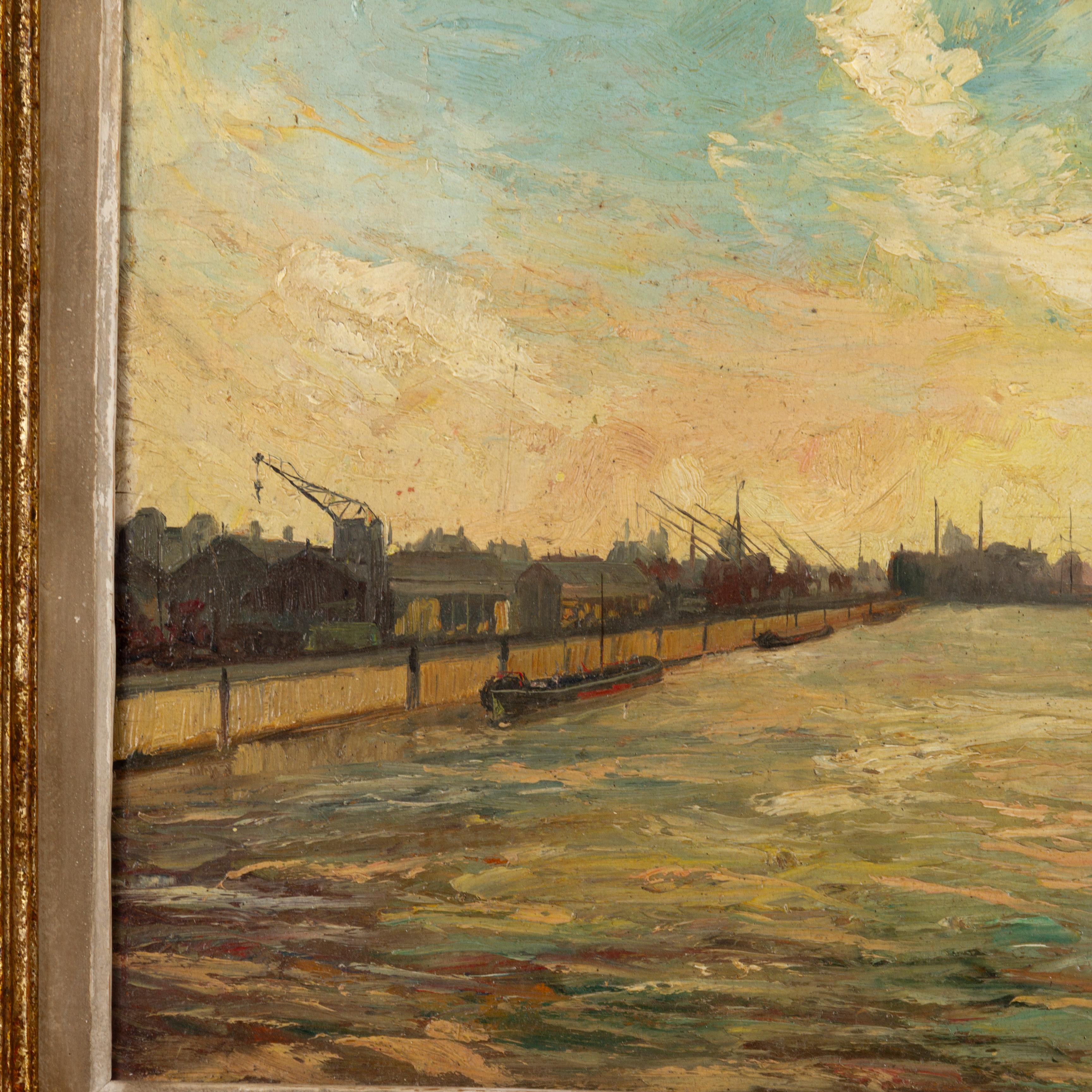 Belgian Liege Canal Signed Oil Painting Early 20th Century In Good Condition For Sale In Nottingham, GB