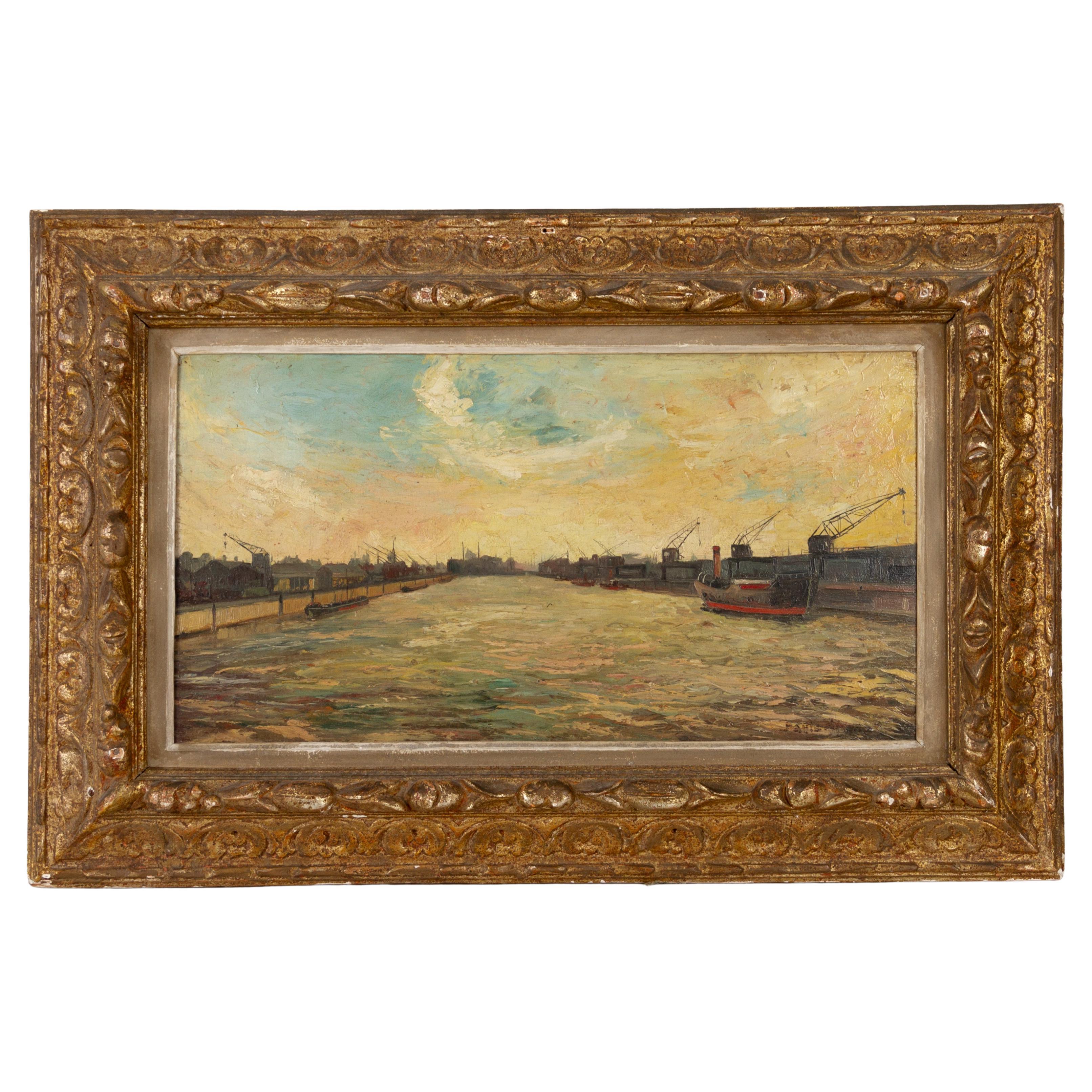 Pittura ad olio firmata Canale di Liegi in Belgio Inizio XX secolo
