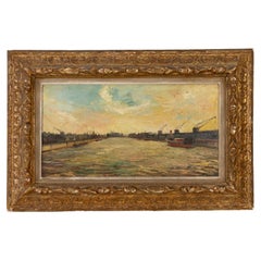 Peinture à l'huile belge du début du 20e siècle, signée du canal de Liège