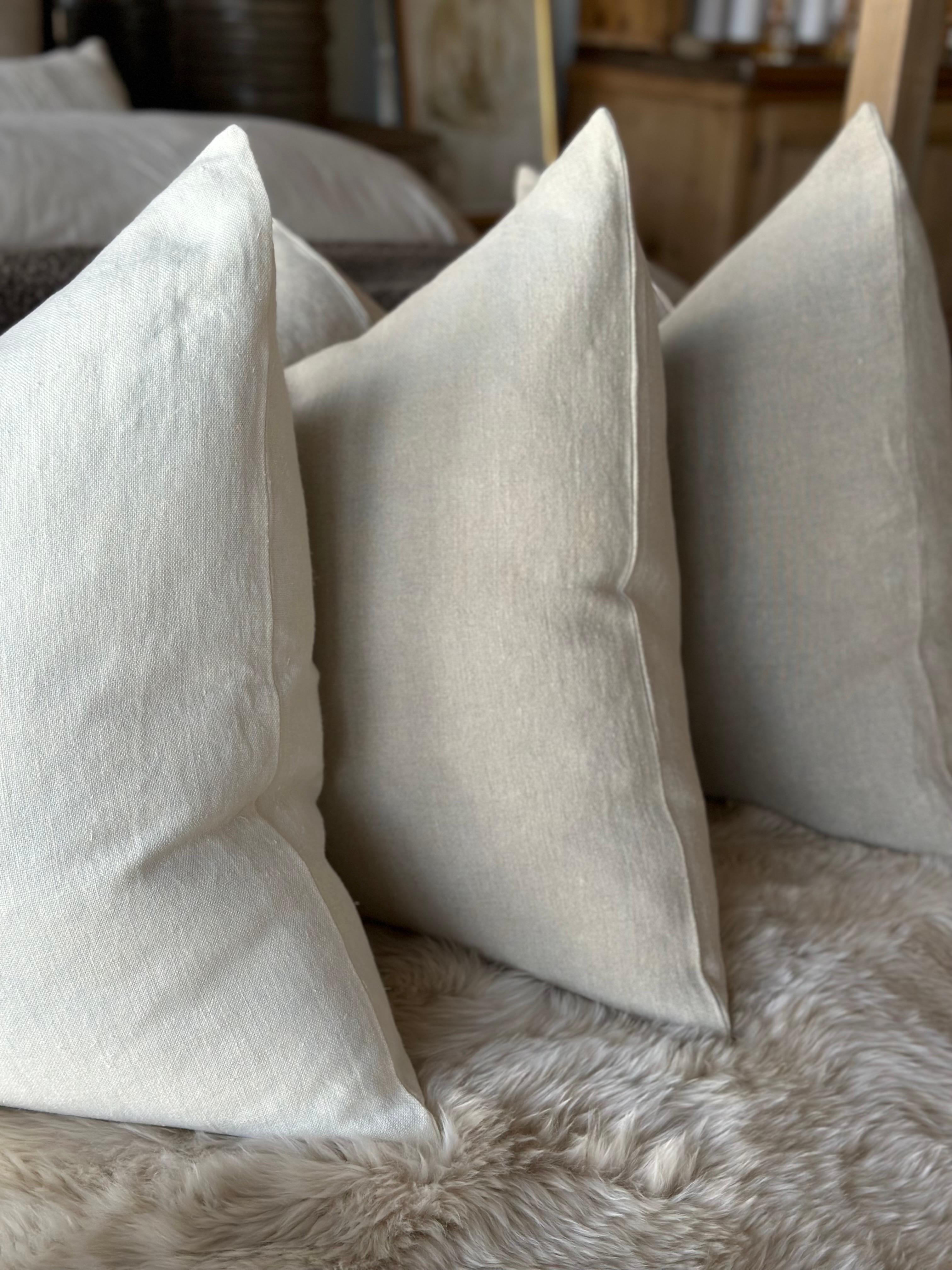 Belgian Linen Accent Pillow in Flax with Down Feather Insert For Sale 3