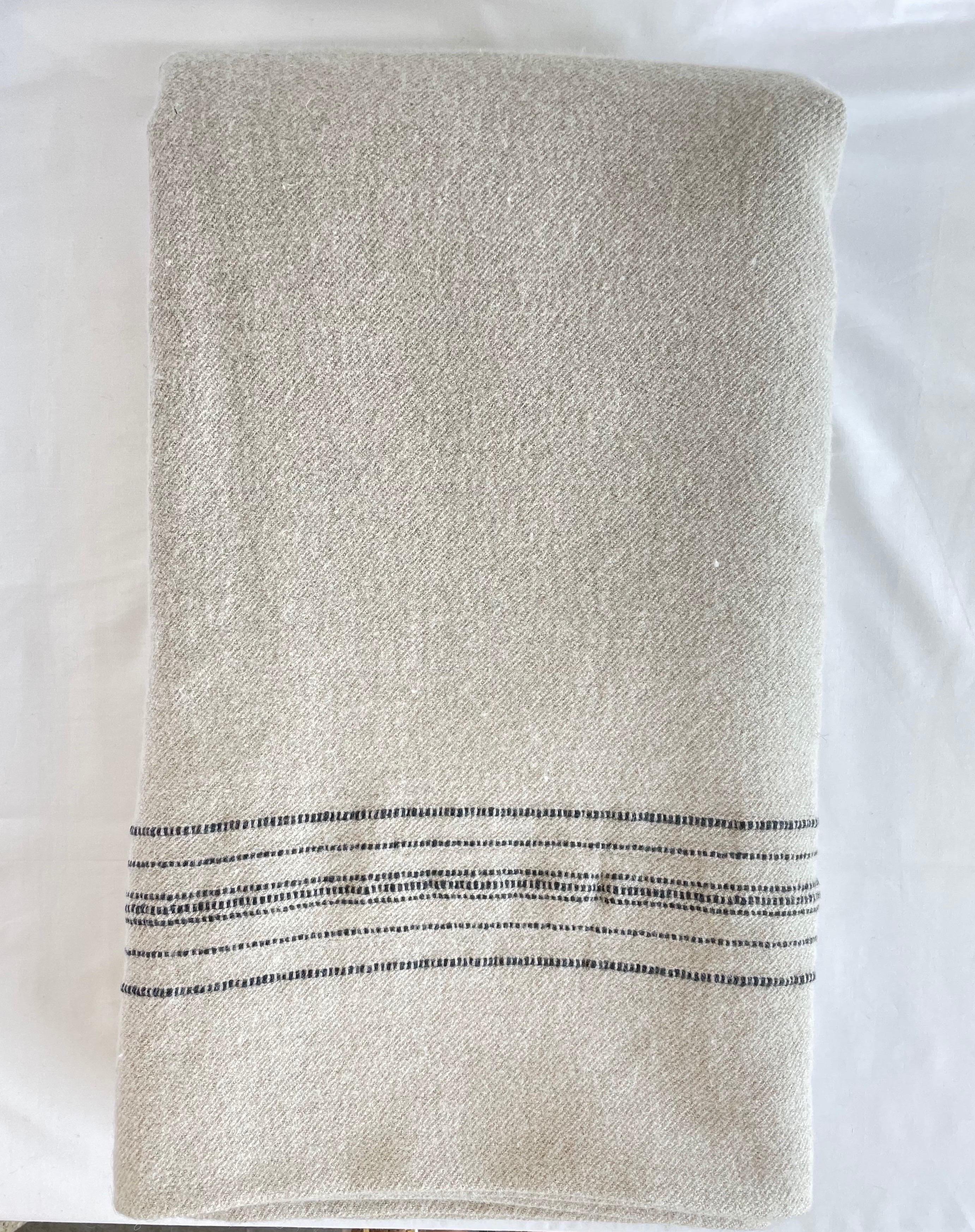 Contemporary Belgian Linen and Wool Blanket Natural with Black Stripes For Sale