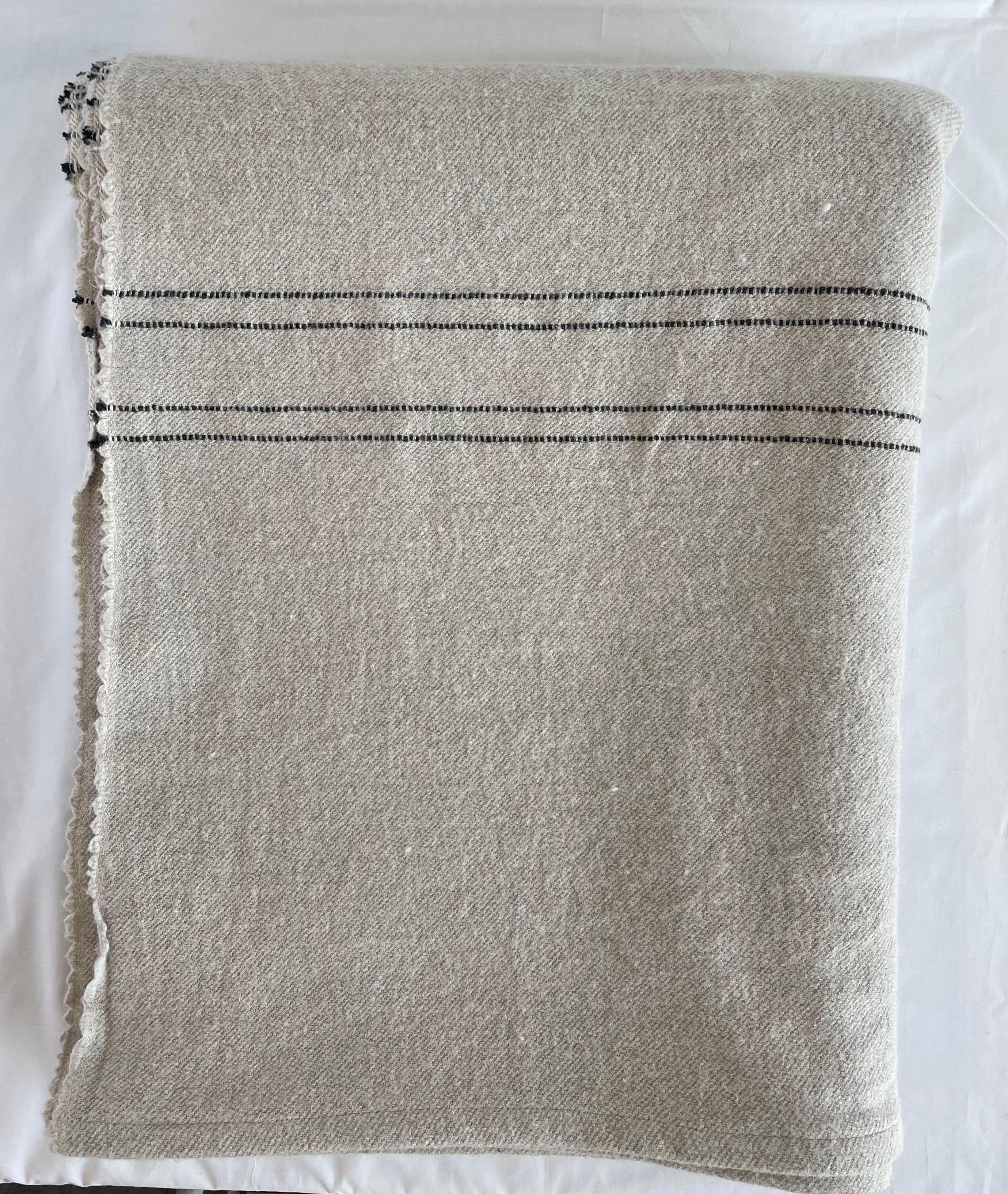 Belgian Linen and Wool Blanket Natural with Black Stripes For Sale 1