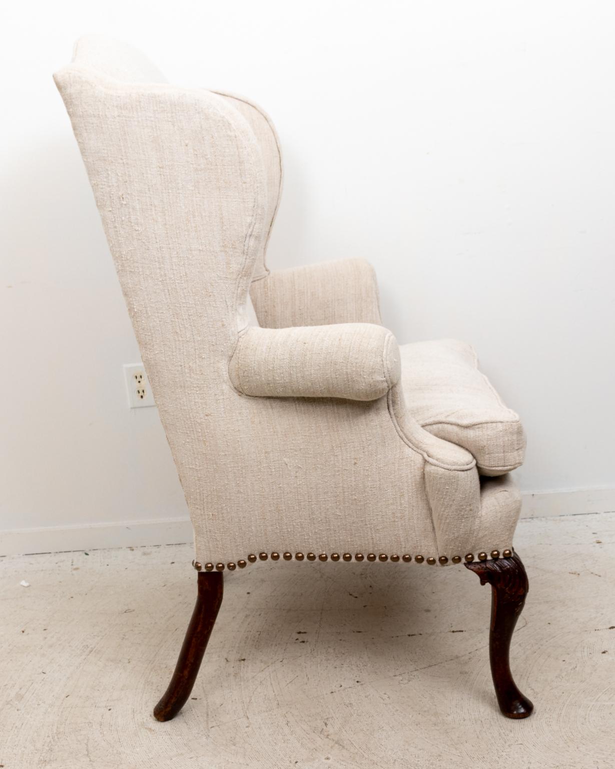 Belgian Linen Covered English Wing Back Armchair In Good Condition In Stamford, CT