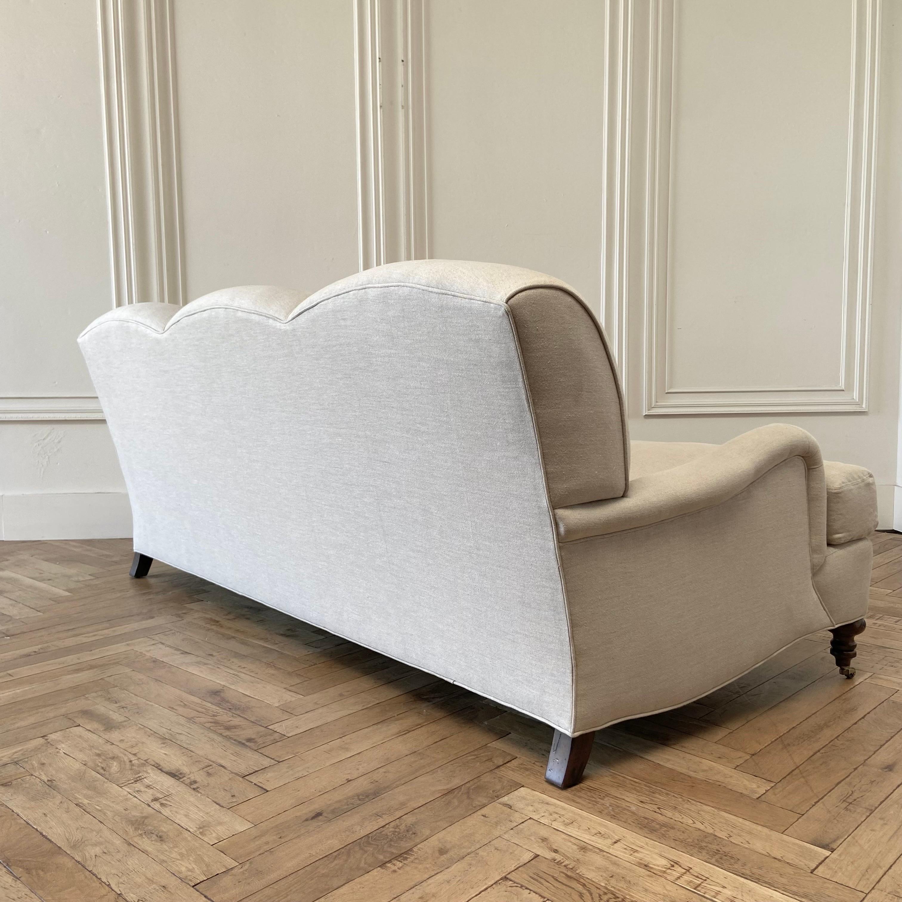 Belgian Linen English Arm Sofa with Down Cushions In New Condition In Old Town Orange, CA