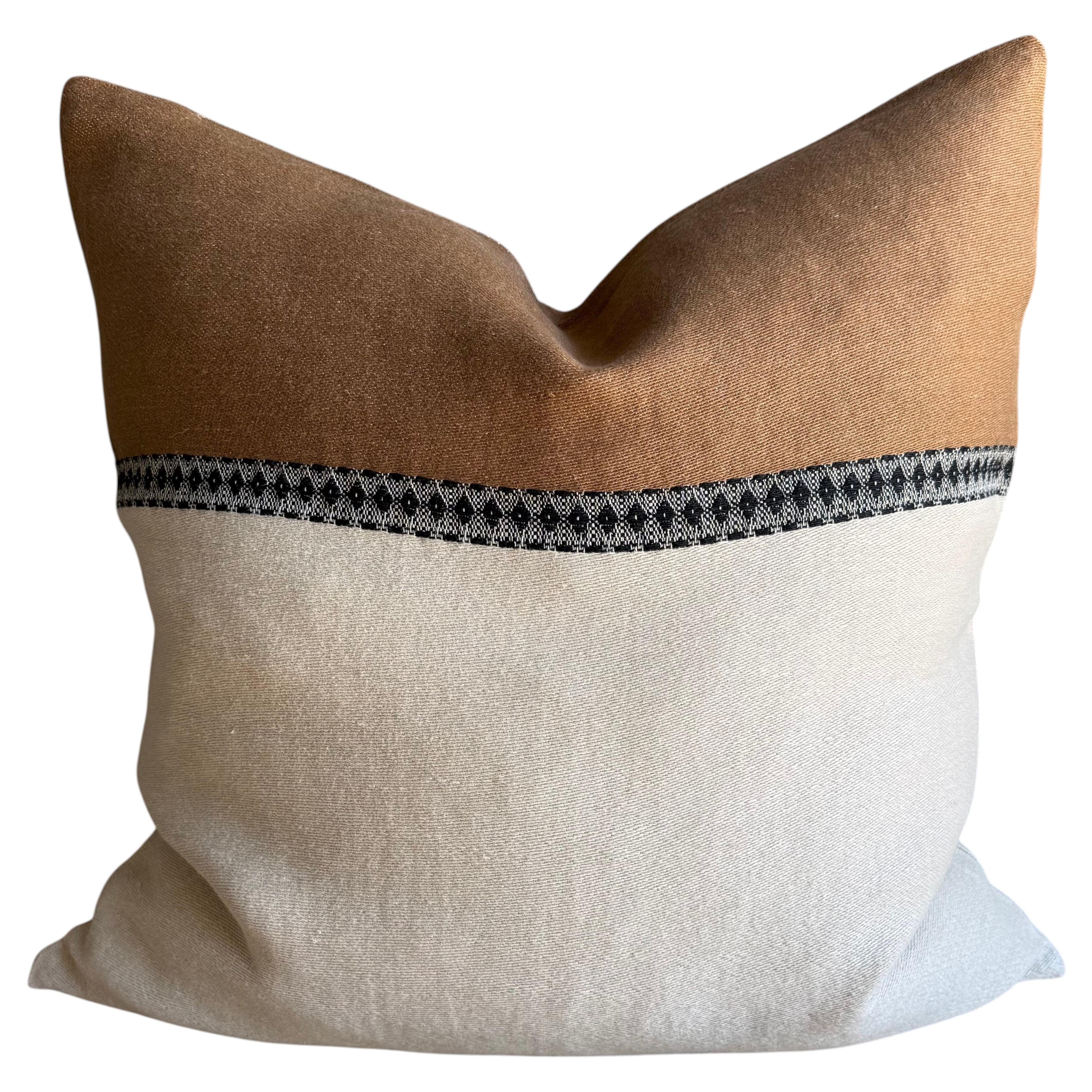 Belgian Linen Euro Pillow in Havane Brown Black and Oat Cover with Insert