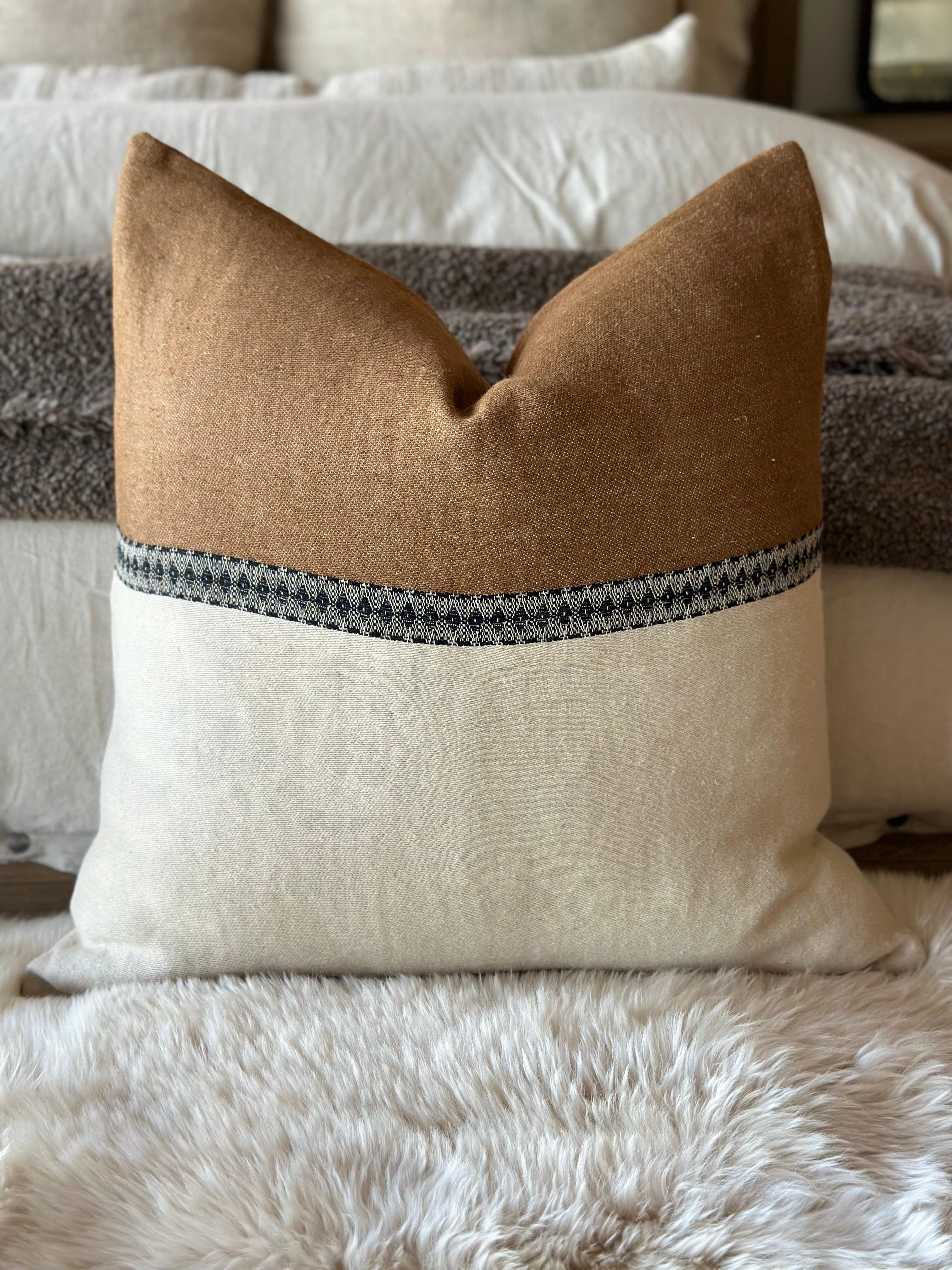 Belgian Linen Euro Pillow in Havane Brown Black and Oat with Down Feather Insert In New Condition For Sale In Brea, CA
