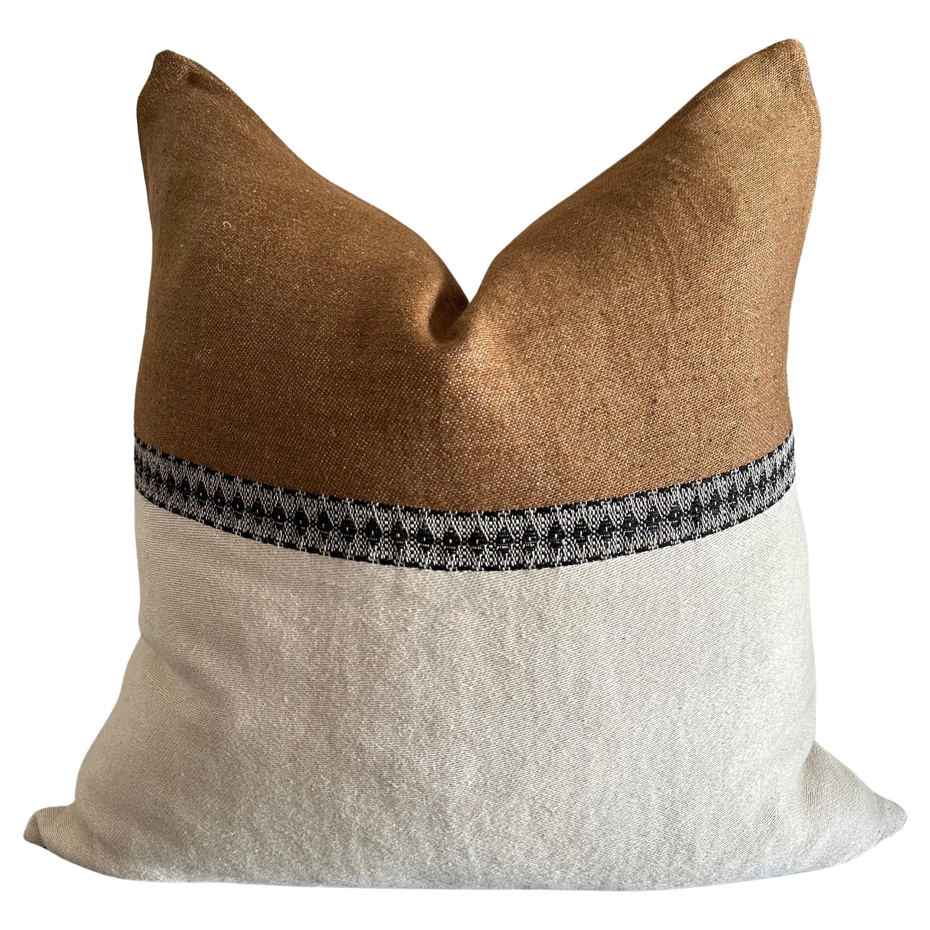 Belgian Linen Euro Pillow in Havane Brown Black and Oat with Down Feather Insert For Sale
