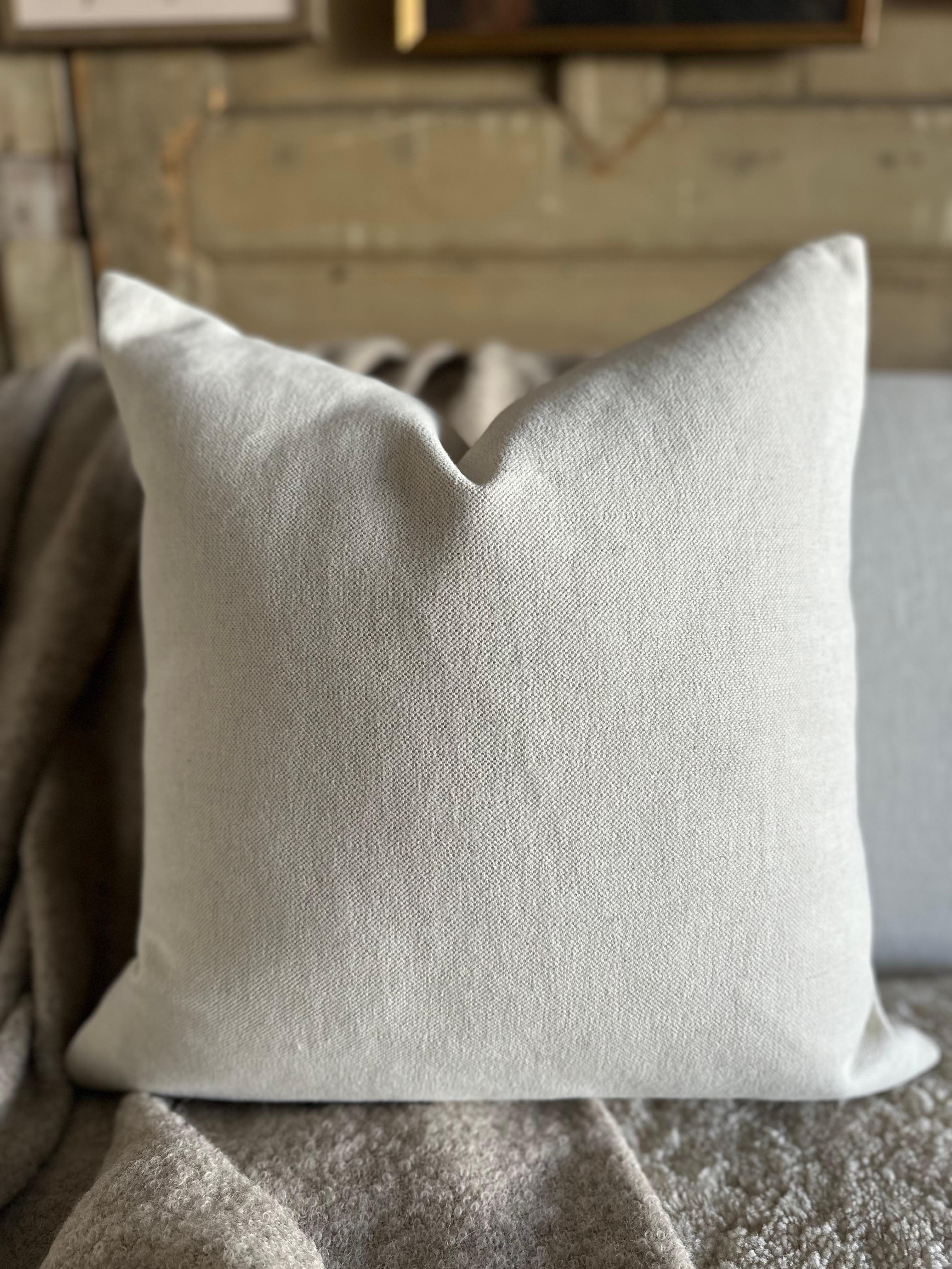 Contemporary Belgian Linen Plaid Pillow in Natural and White with Down Insert For Sale