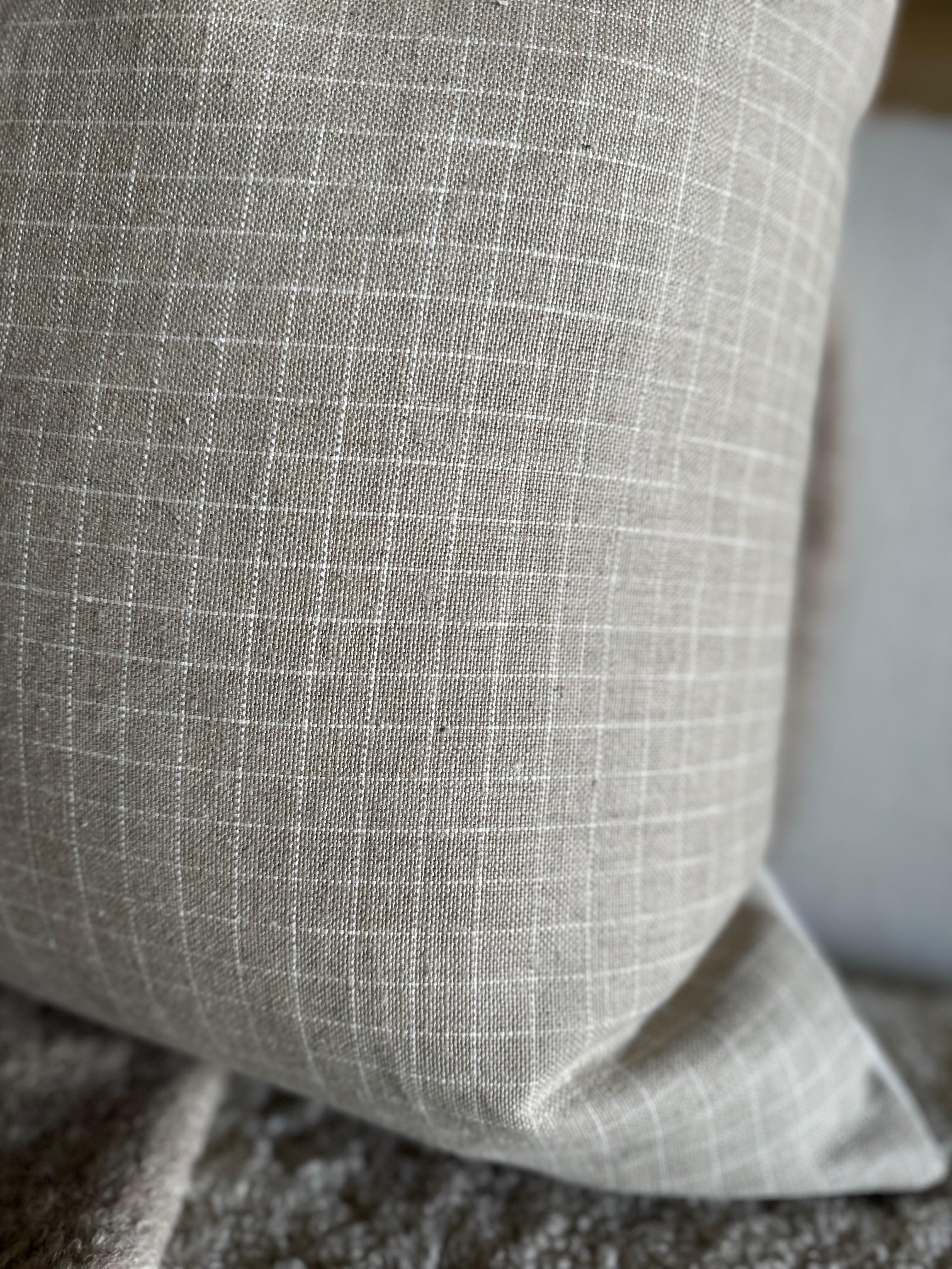 Contemporary Belgian Linen Plaid Pillow in Natural and White with Down Insert For Sale