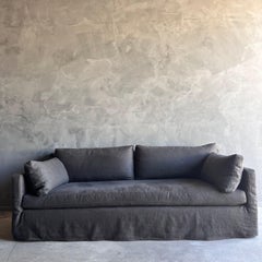 Belgian Linen Slip Covered Square Arm Sofa with Down Cushions