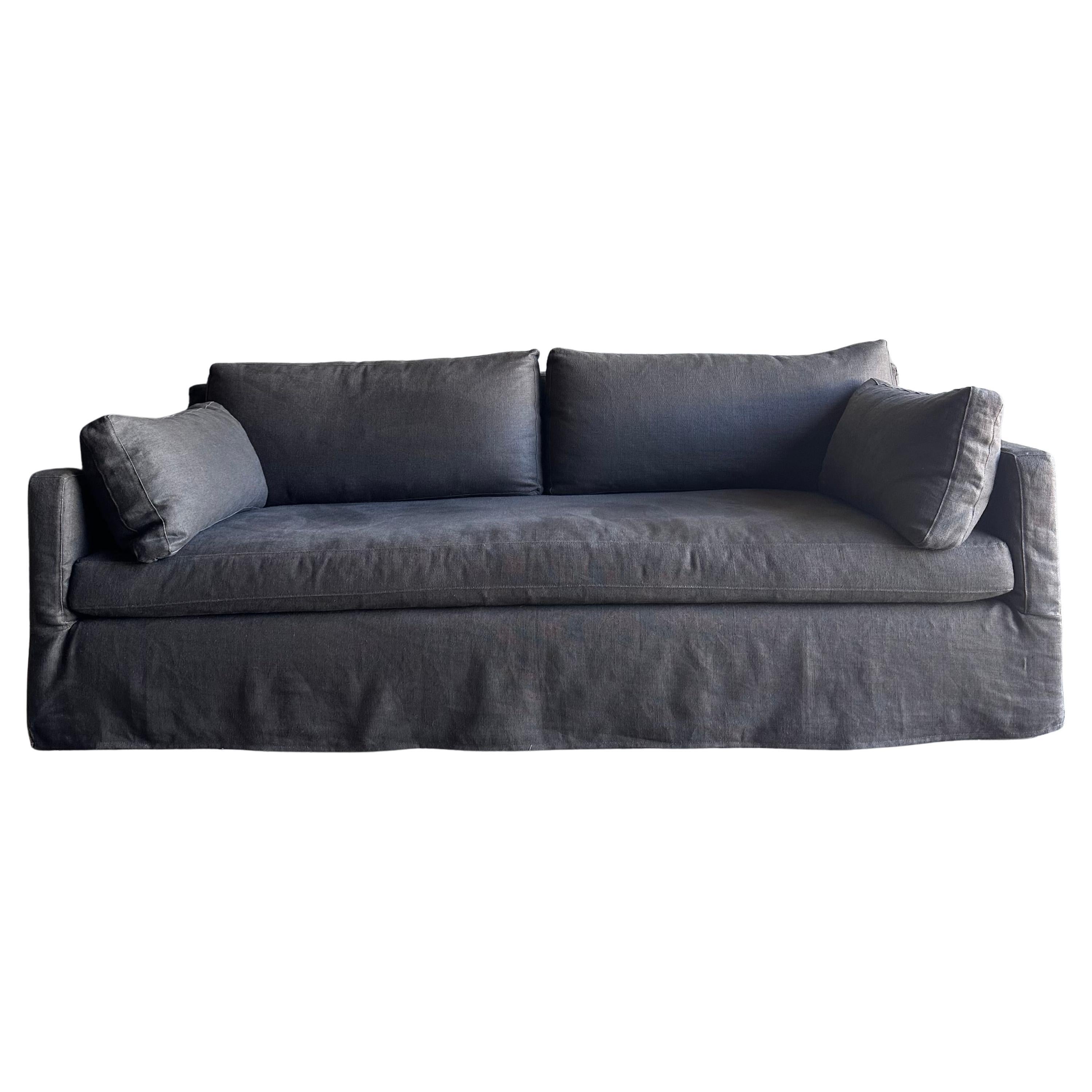 Belgian Linen Slip Covered Square Arm Sofa with Down Cushions