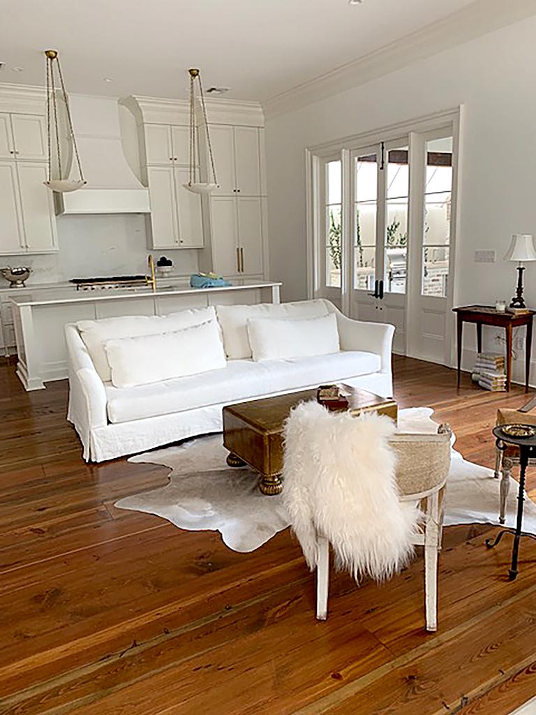 High-quality Belgian linen slope-arm sofa. Used in a showcase house, house of Windsor, in Los Angeles. 