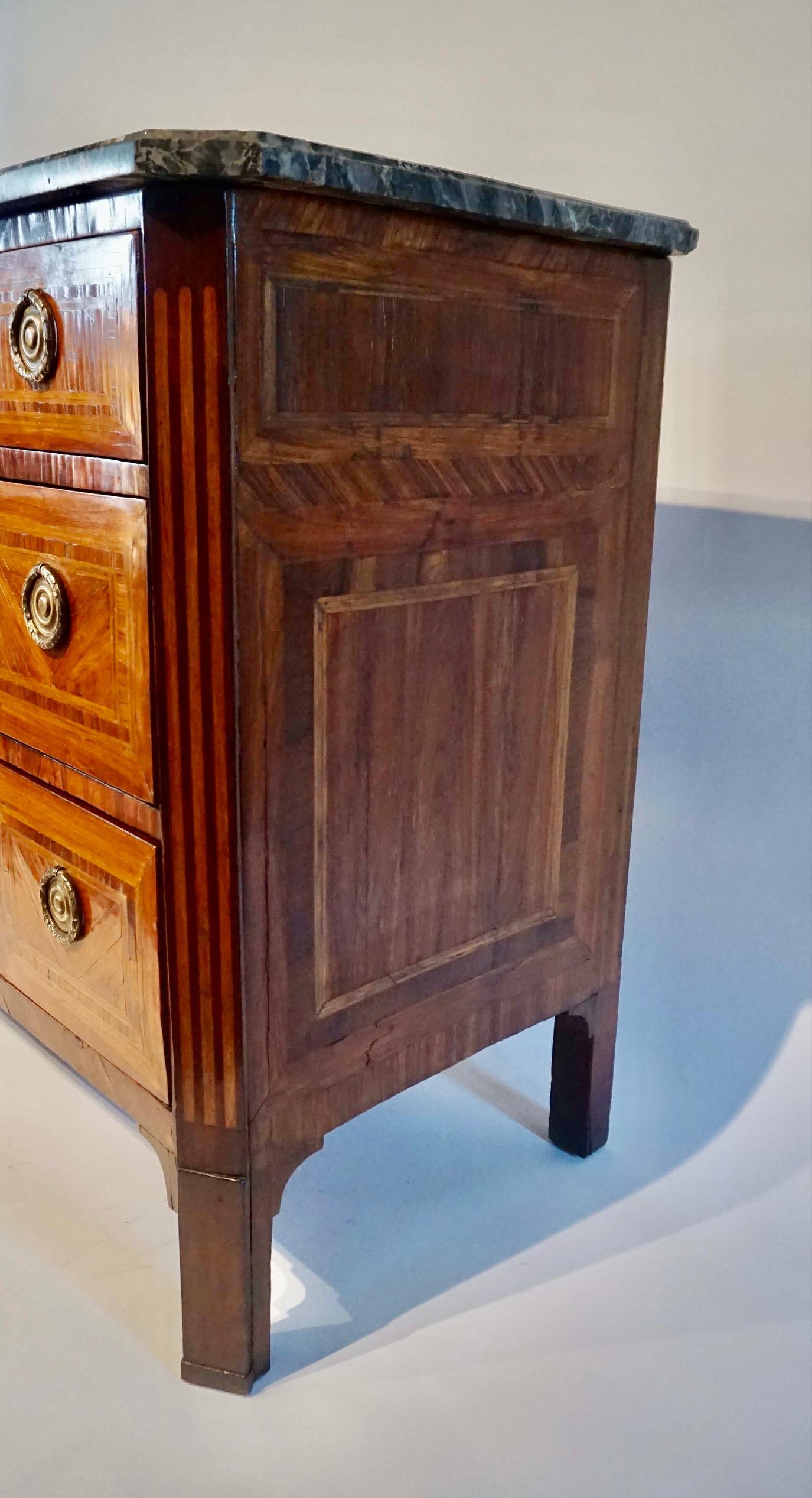 Brass Belgian Louis XVI Marble Top Parquetry Commode, circa 1790