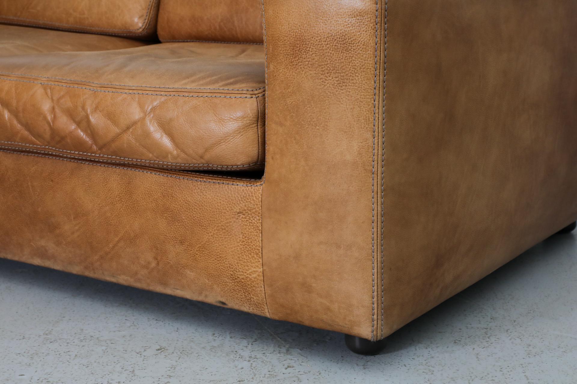 Belgian Mid-Century Cognac Buffalo Leather Loveseat by Durlet 11