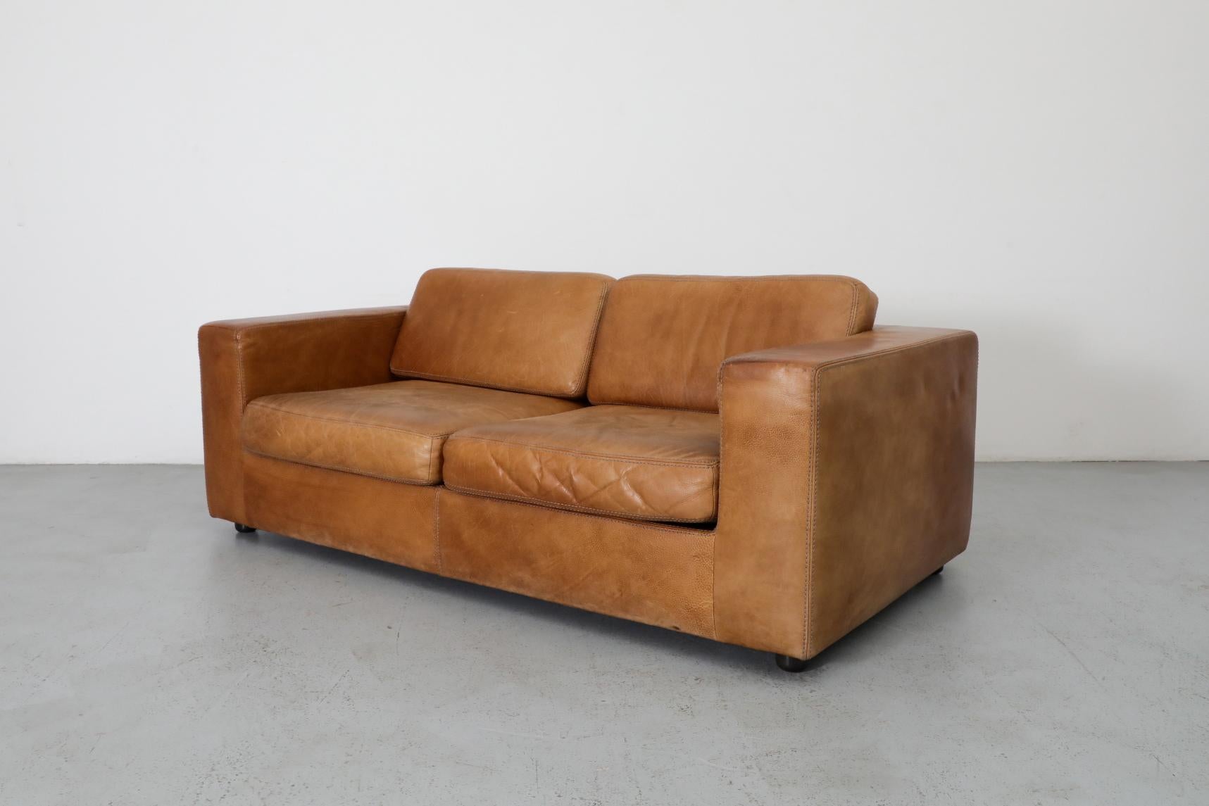 Mid-Century Modern Belgian Mid-Century Cognac Buffalo Leather Loveseat by Durlet