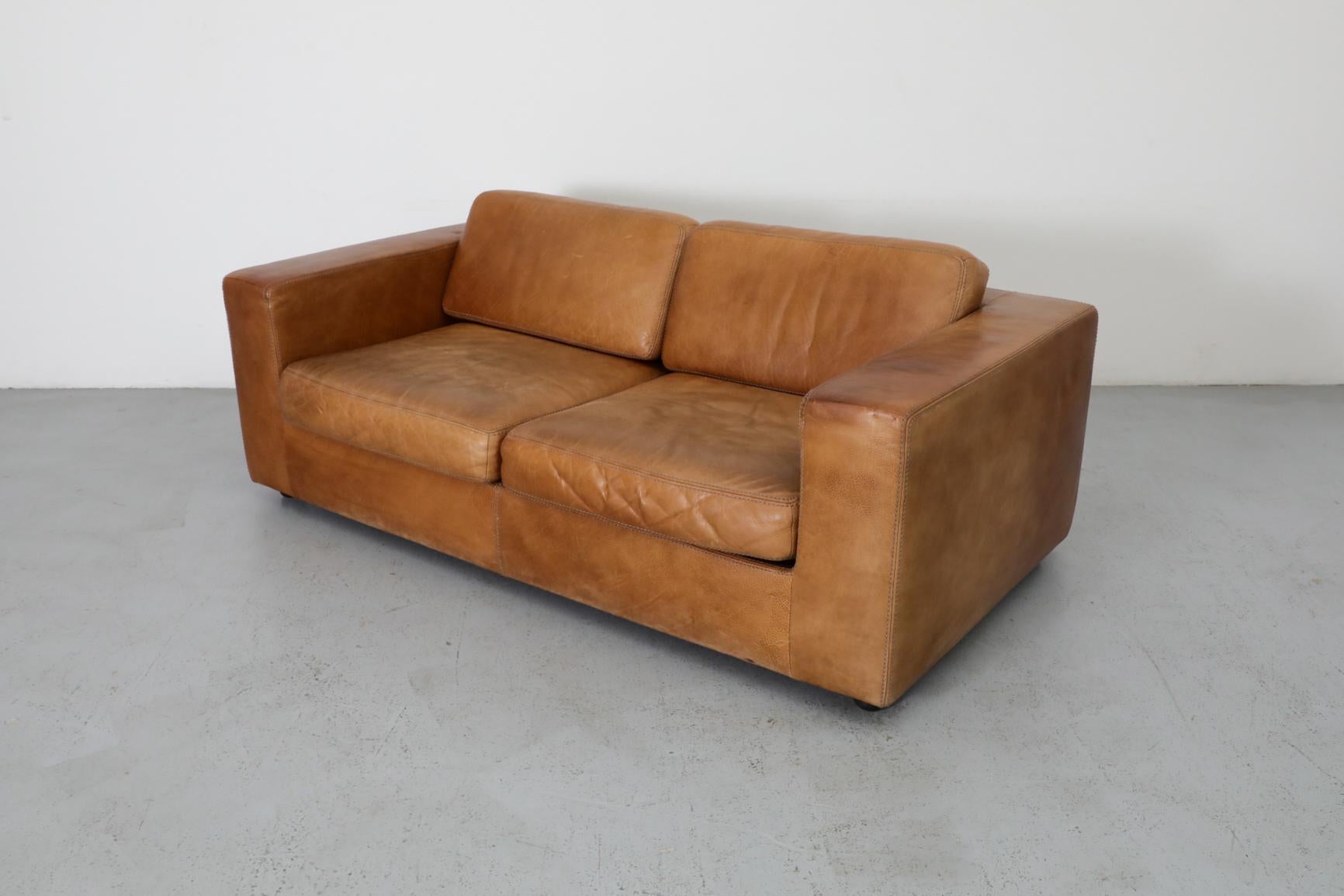 Belgian Mid-Century Cognac Buffalo Leather Loveseat by Durlet In Good Condition In Los Angeles, CA