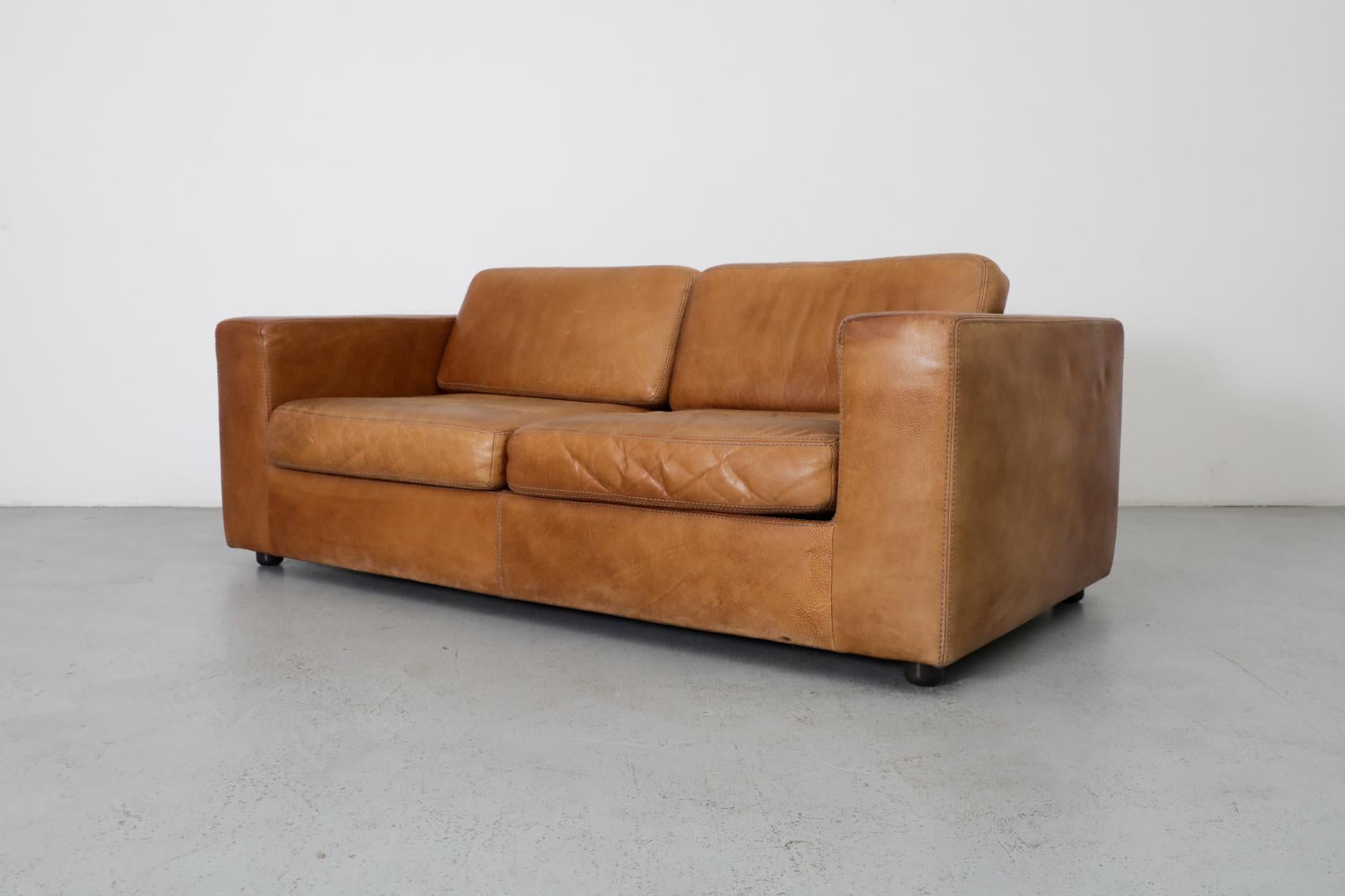 20th Century Belgian Mid-Century Cognac Buffalo Leather Loveseat by Durlet