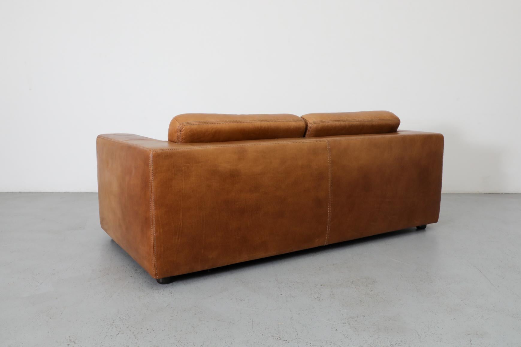 Belgian Mid-Century Cognac Buffalo Leather Loveseat by Durlet 2