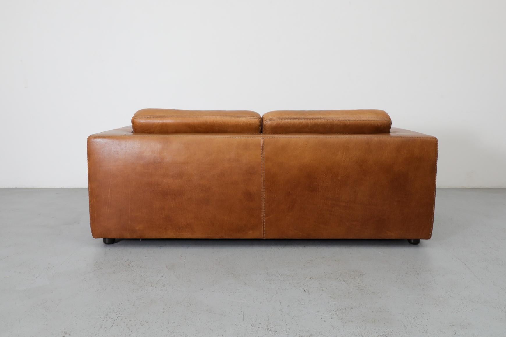 Belgian Mid-Century Cognac Buffalo Leather Loveseat by Durlet 3