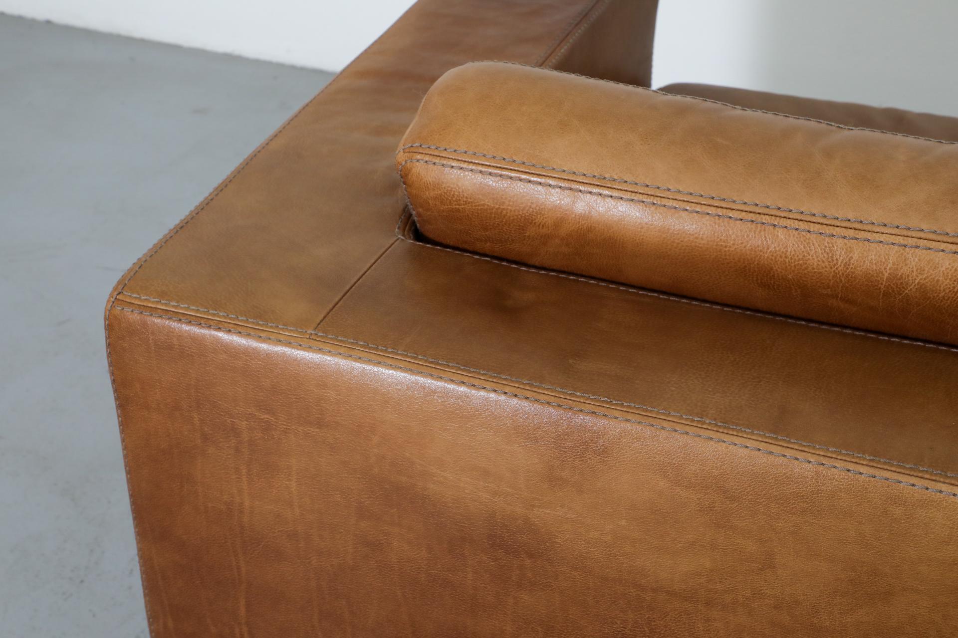 Belgian Mid-Century Cognac Buffalo Leather Loveseat by Durlet 4