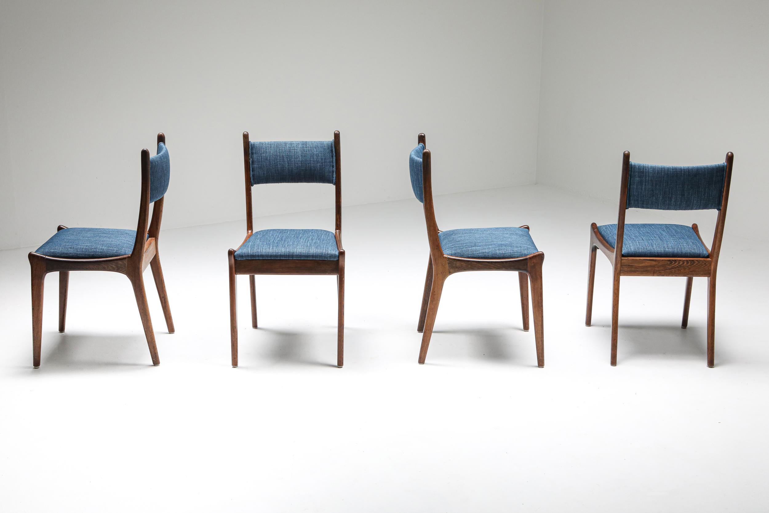 Belgian design; B&B Italia Antonio Citterio Rivadossi Marzio Cecchi Boston Mangiarotti 

A mid-century set of eight colorful dining chairs was designed by an unknown Belgian designer in the 1950s. The vibrant blue fabric and organic wooden frame