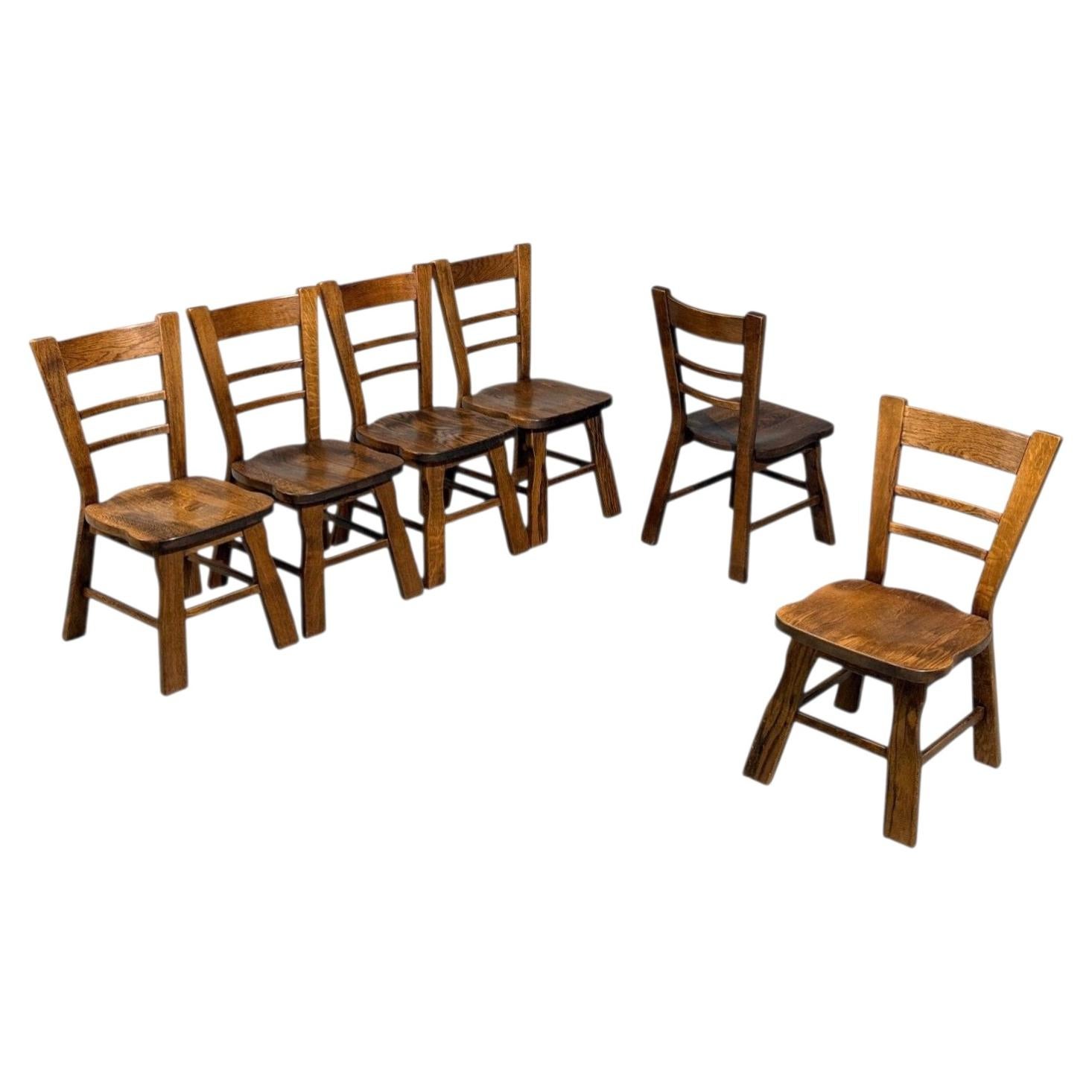 Belgian Modern, Six Brutalist Dining Chairs, Oak, Belgium, 1970s