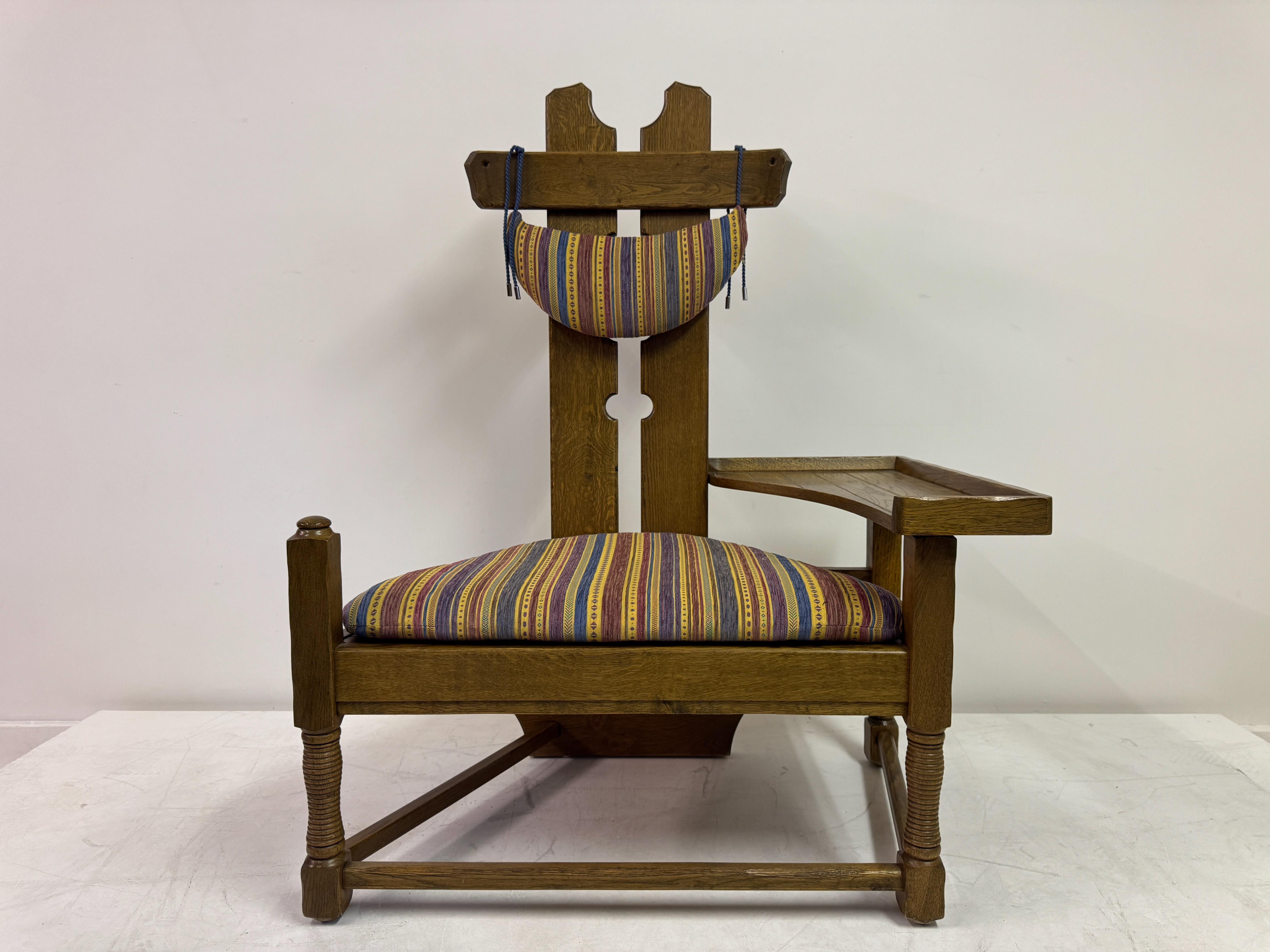 Brutalist Belgian Oak Armchair with Integrated Side Rest, 1960s For Sale