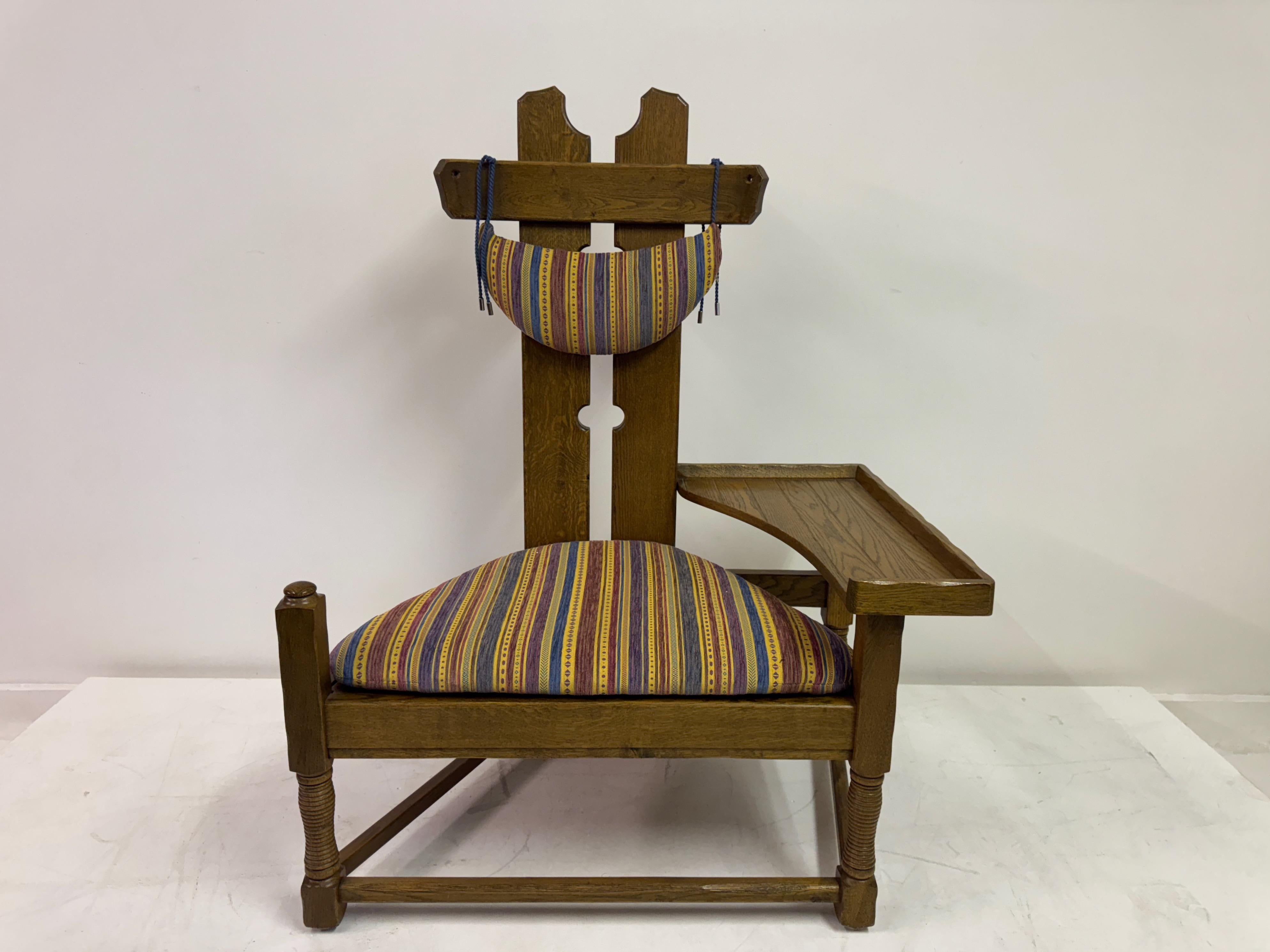 Dutch Belgian Oak Armchair with Integrated Side Rest, 1960s For Sale