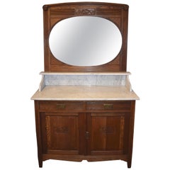 Commode en Oak Oak belge avec plan de toilette en marbre et miroir, vers 1900
