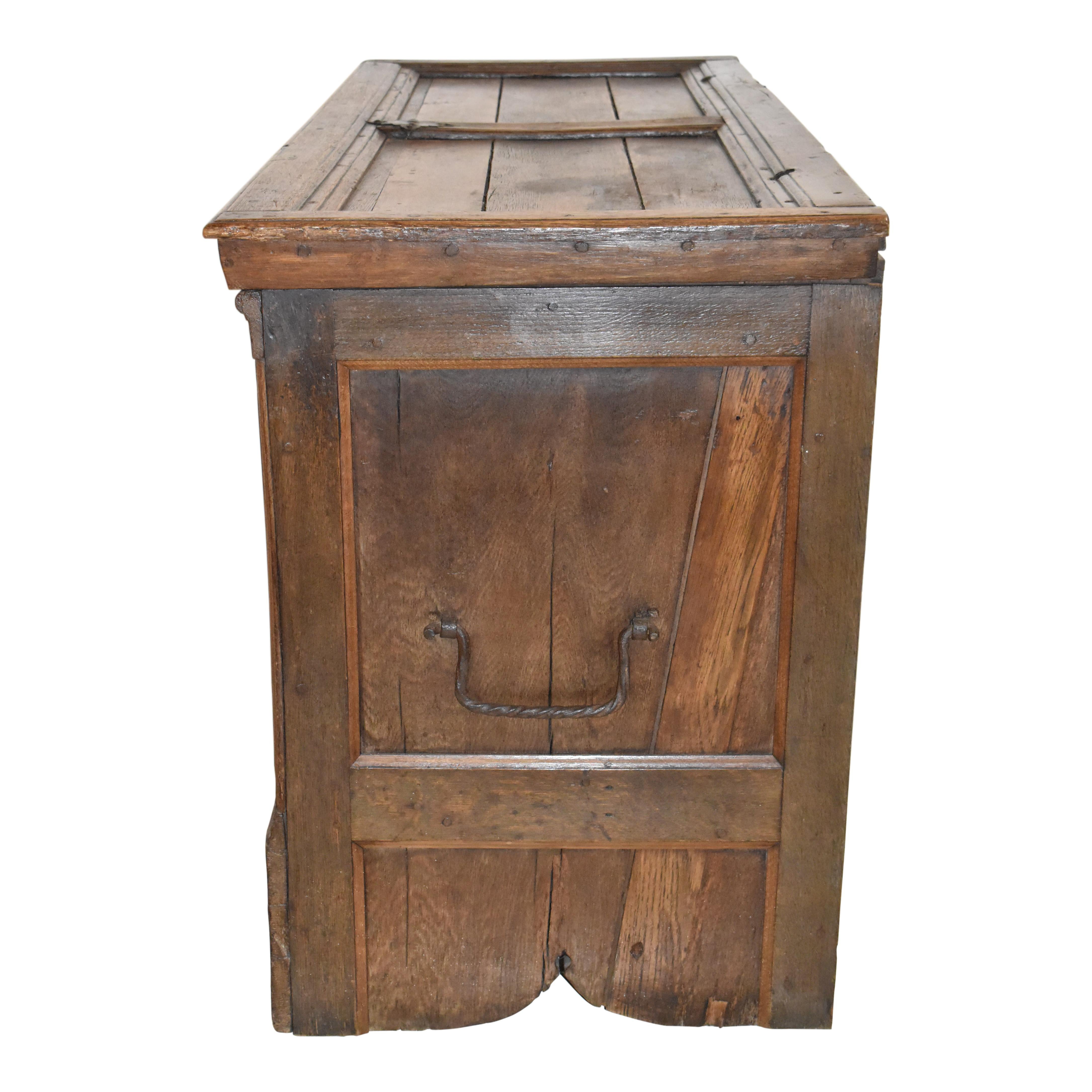 Carved Belgian Oak Trunk with Iron Hardware, circa 1855 For Sale