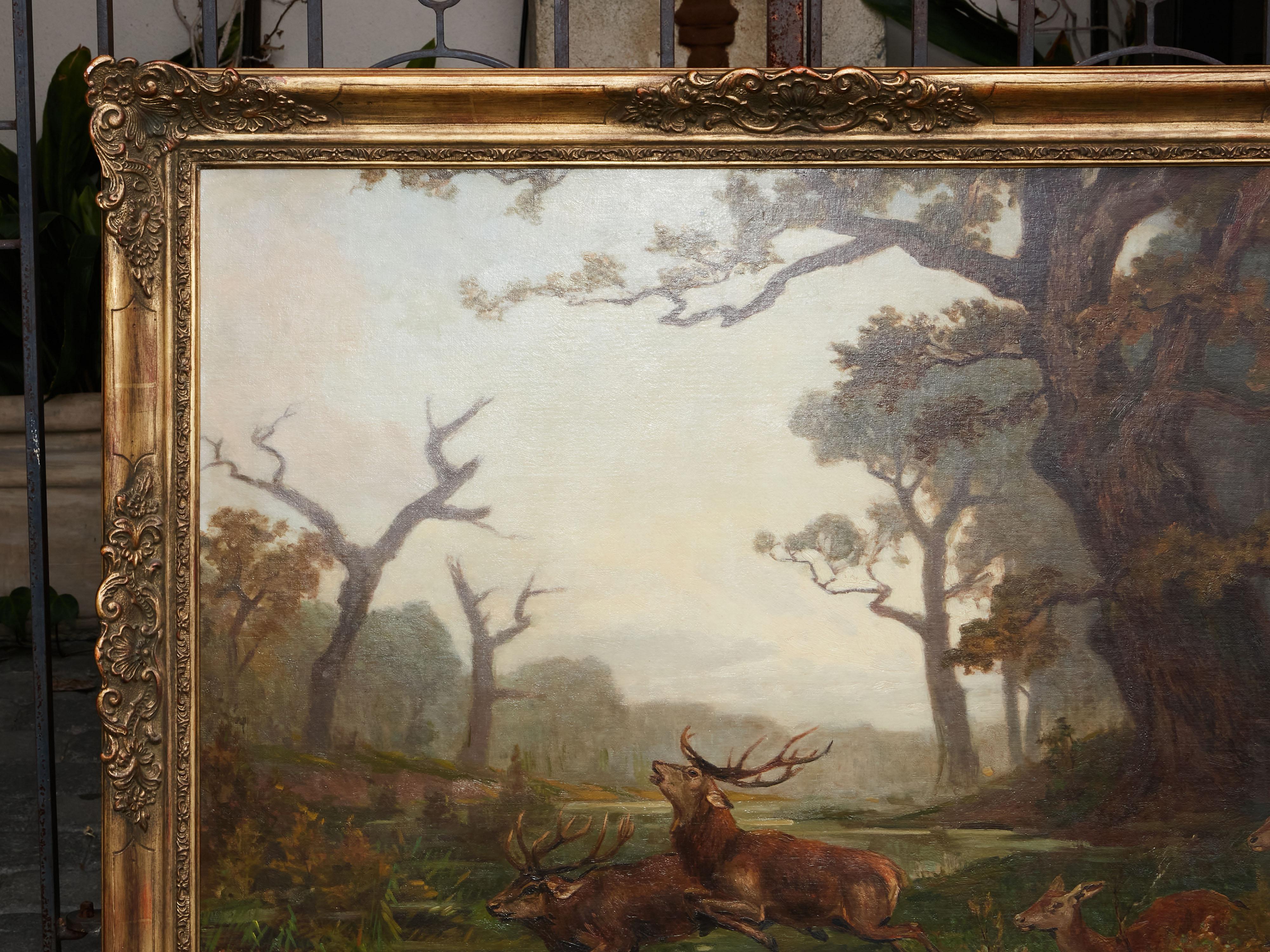 Belgian Oil on Canvas Painting Depicting a Herd of Running Deer, circa 1900-1940 4