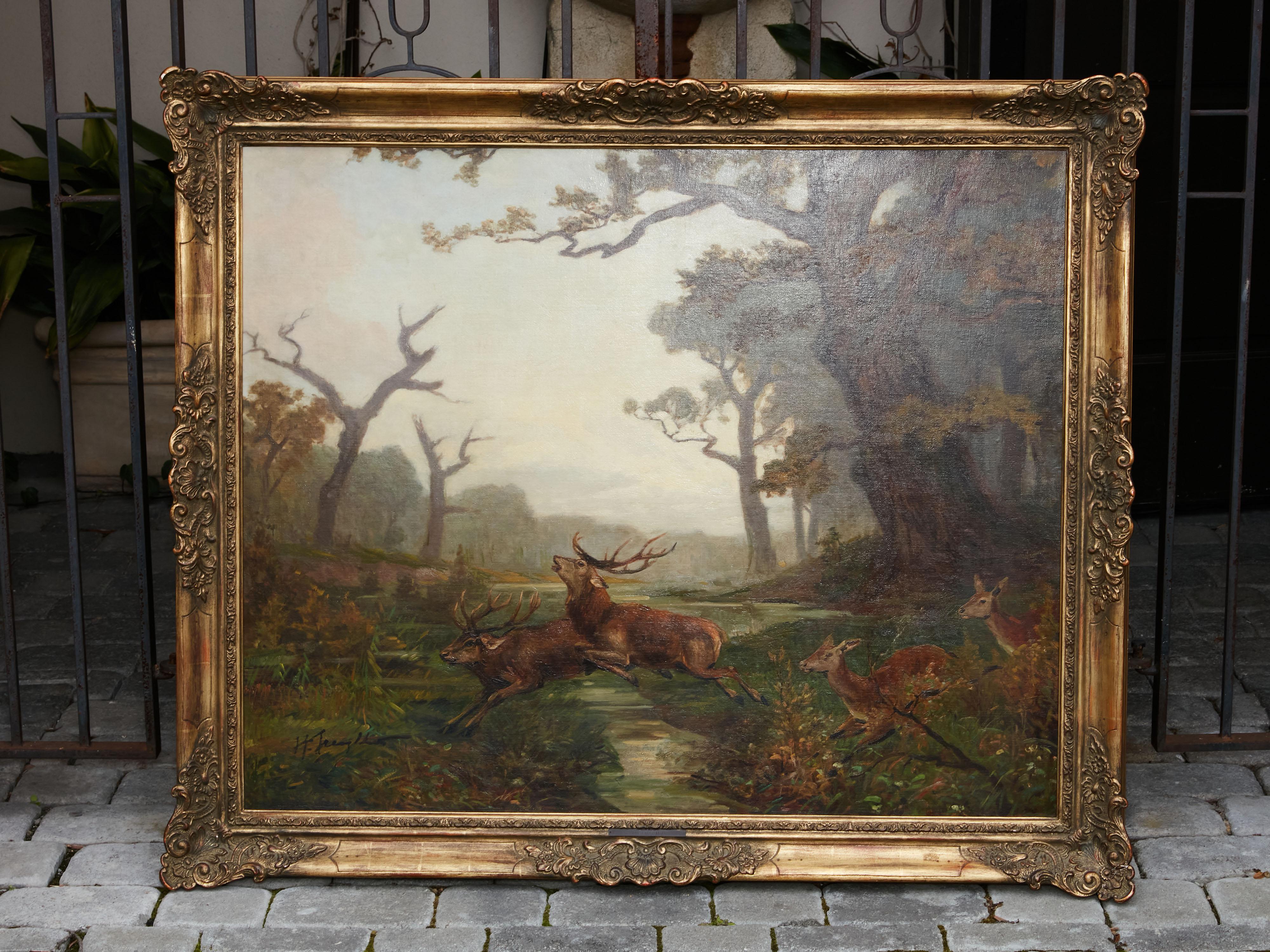 Belgian Oil on Canvas Painting Depicting a Herd of Running Deer, circa 1900-1940 5