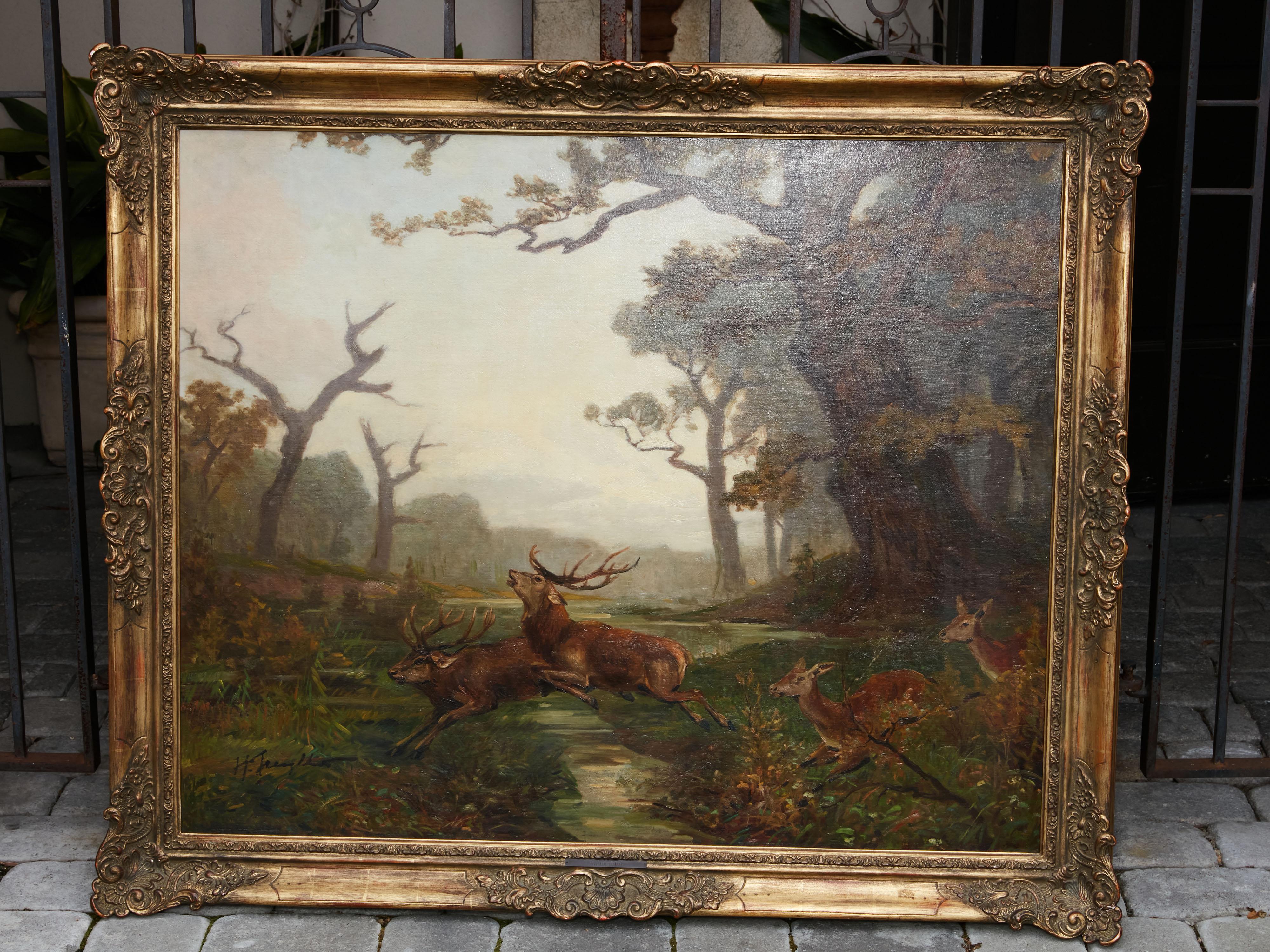 Belgian Oil on Canvas Painting Depicting a Herd of Running Deer, circa 1900-1940 6