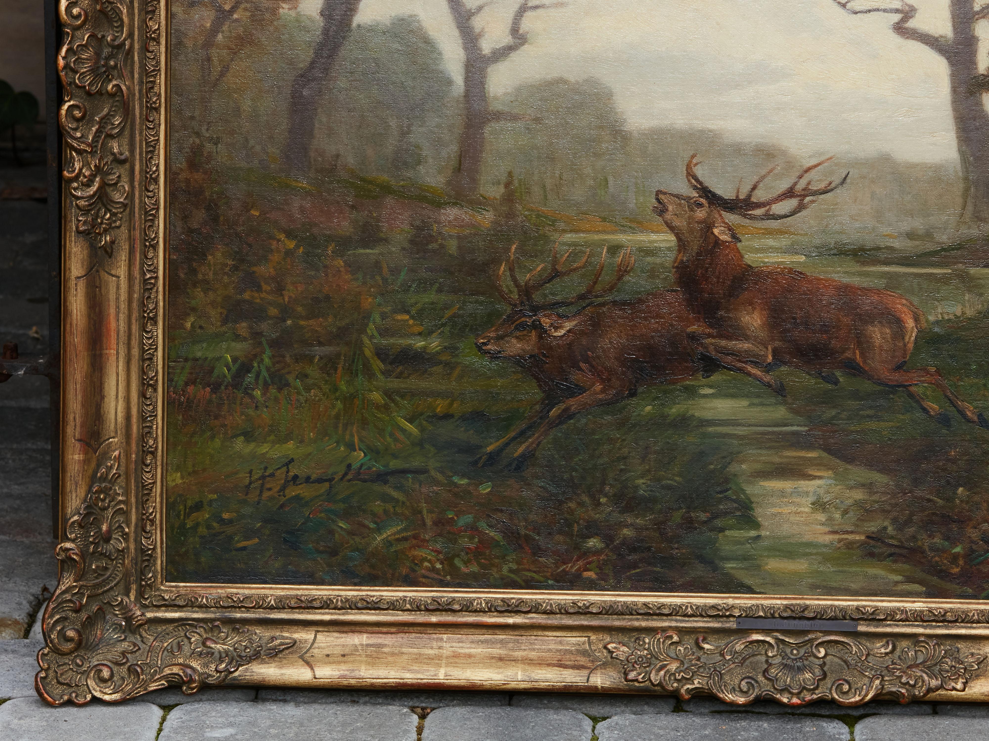 Belgian Oil on Canvas Painting Depicting a Herd of Running Deer, circa 1900-1940 12