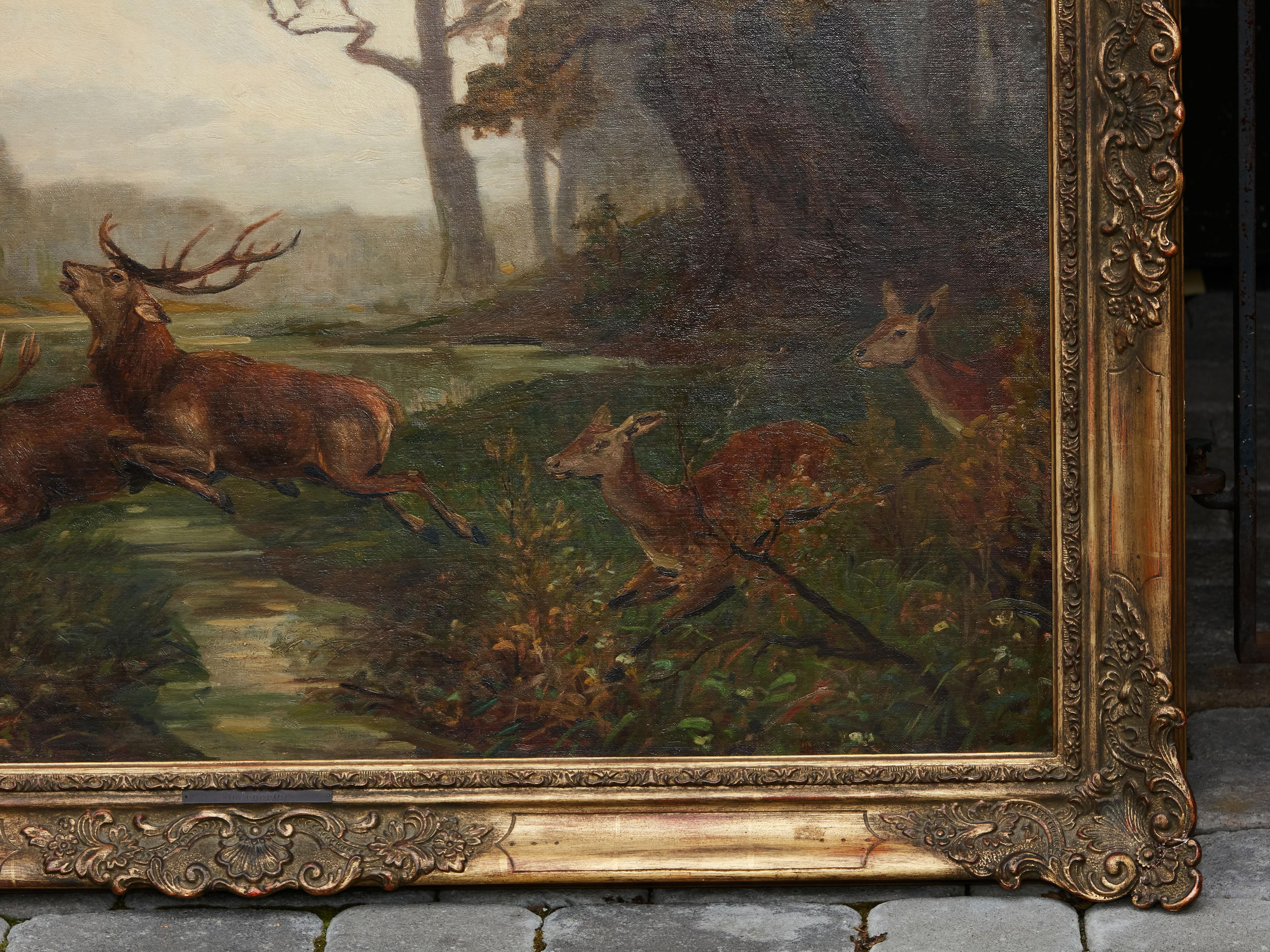 Belgian Oil on Canvas Painting Depicting a Herd of Running Deer, circa 1900-1940 13