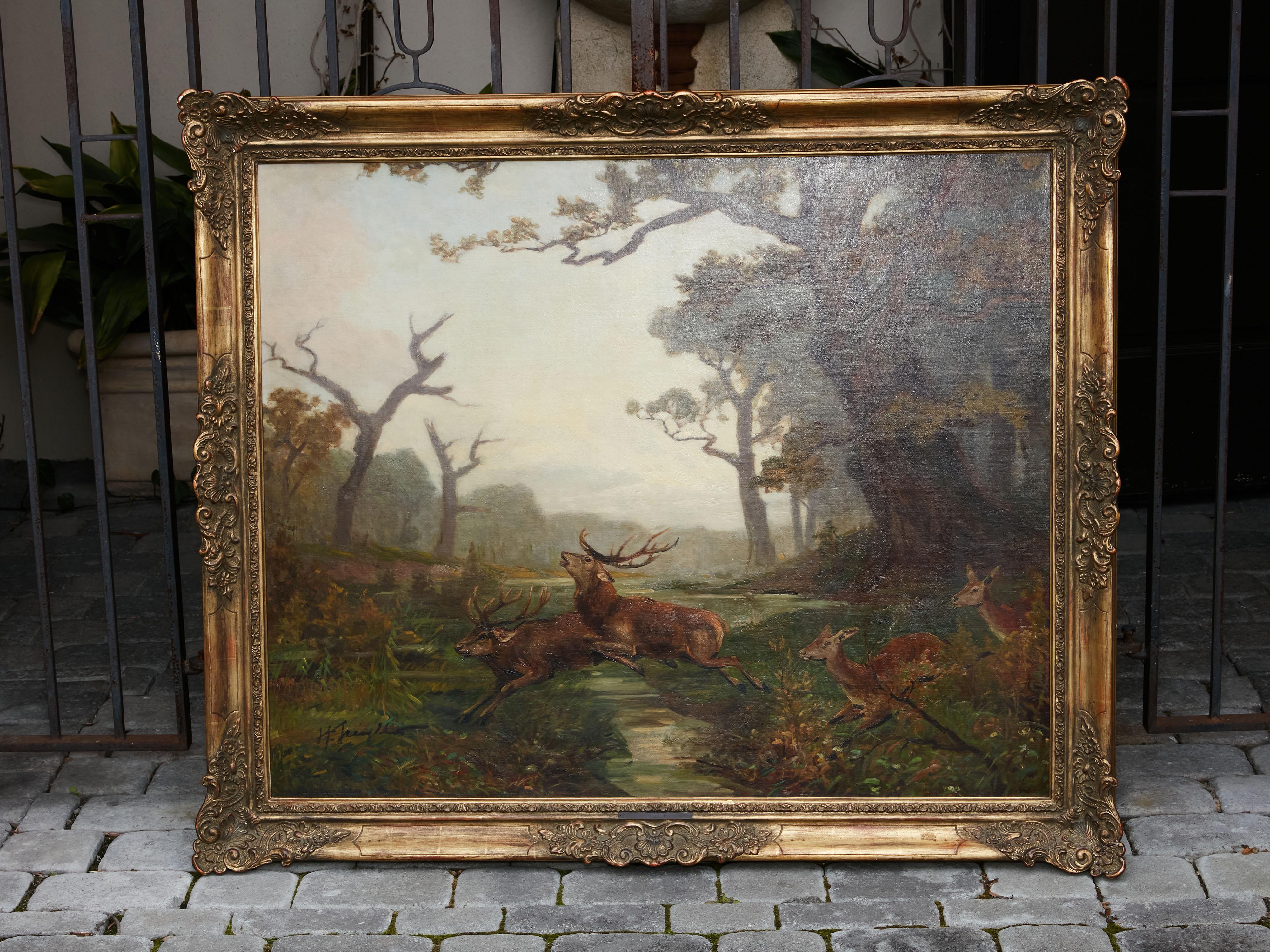 Belgian Oil on Canvas Painting Depicting a Herd of Running Deer, circa 1900-1940 In Good Condition In Atlanta, GA