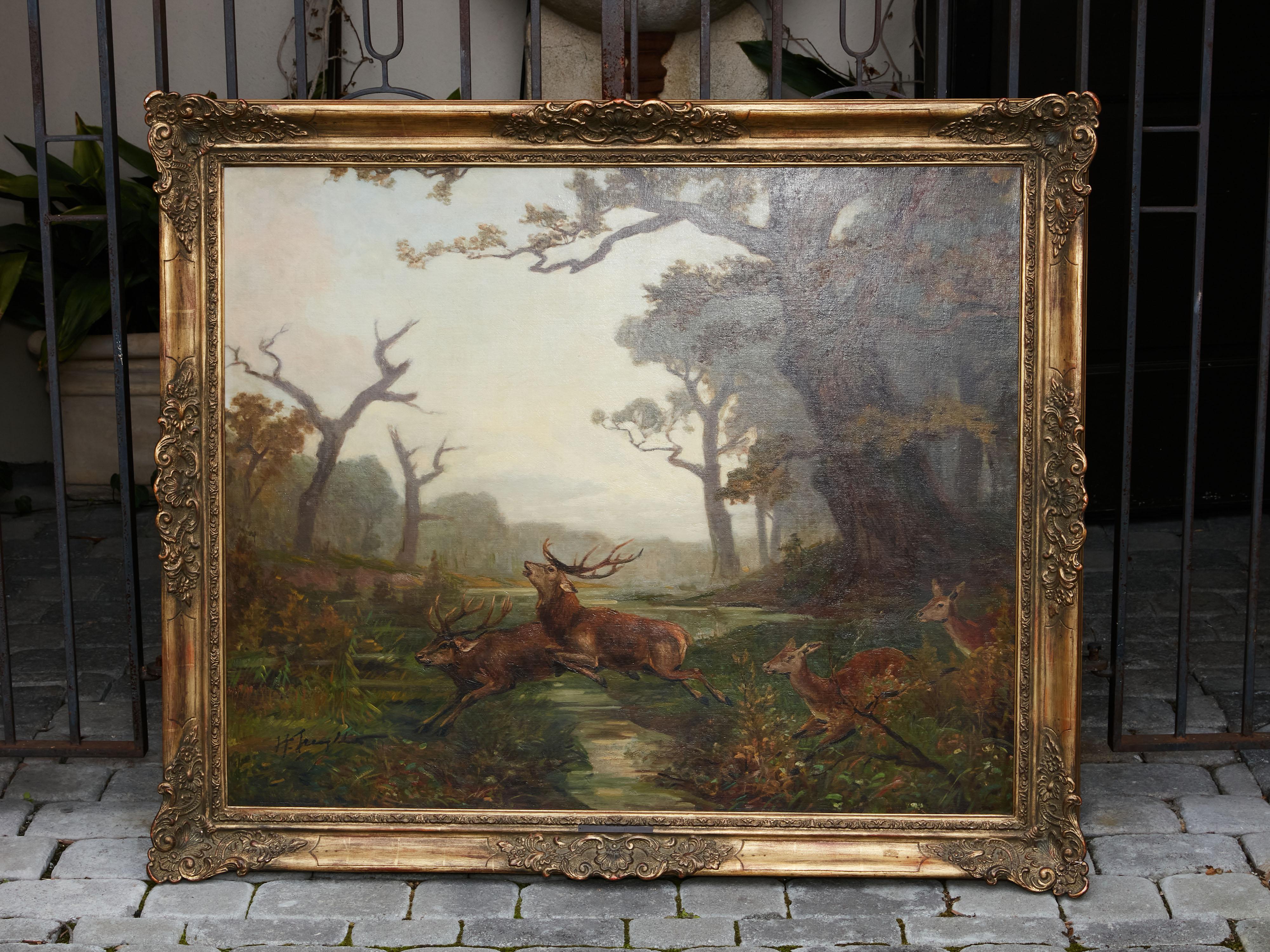 20th Century Belgian Oil on Canvas Painting Depicting a Herd of Running Deer, circa 1900-1940