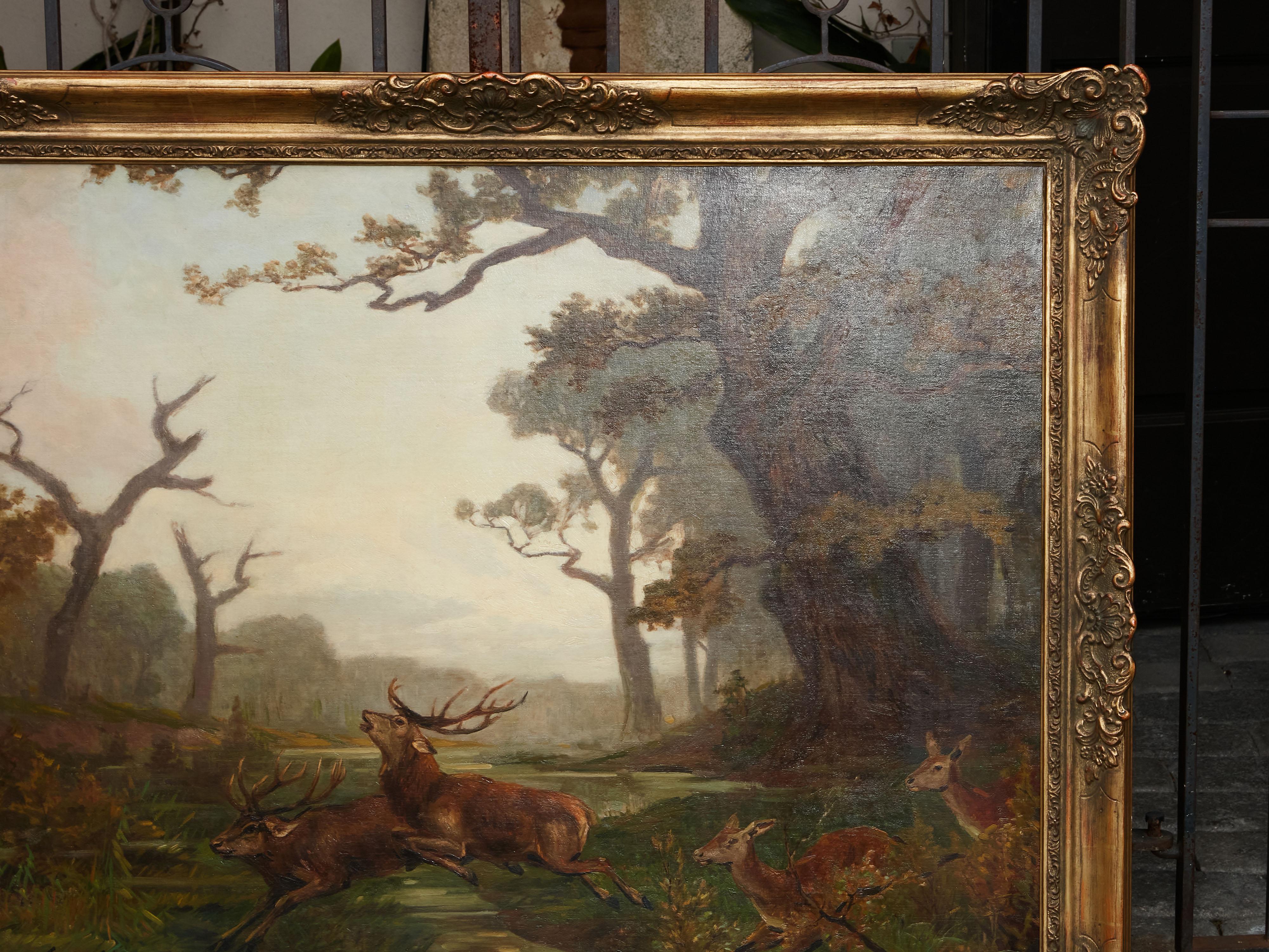 Belgian Oil on Canvas Painting Depicting a Herd of Running Deer, circa 1900-1940 1