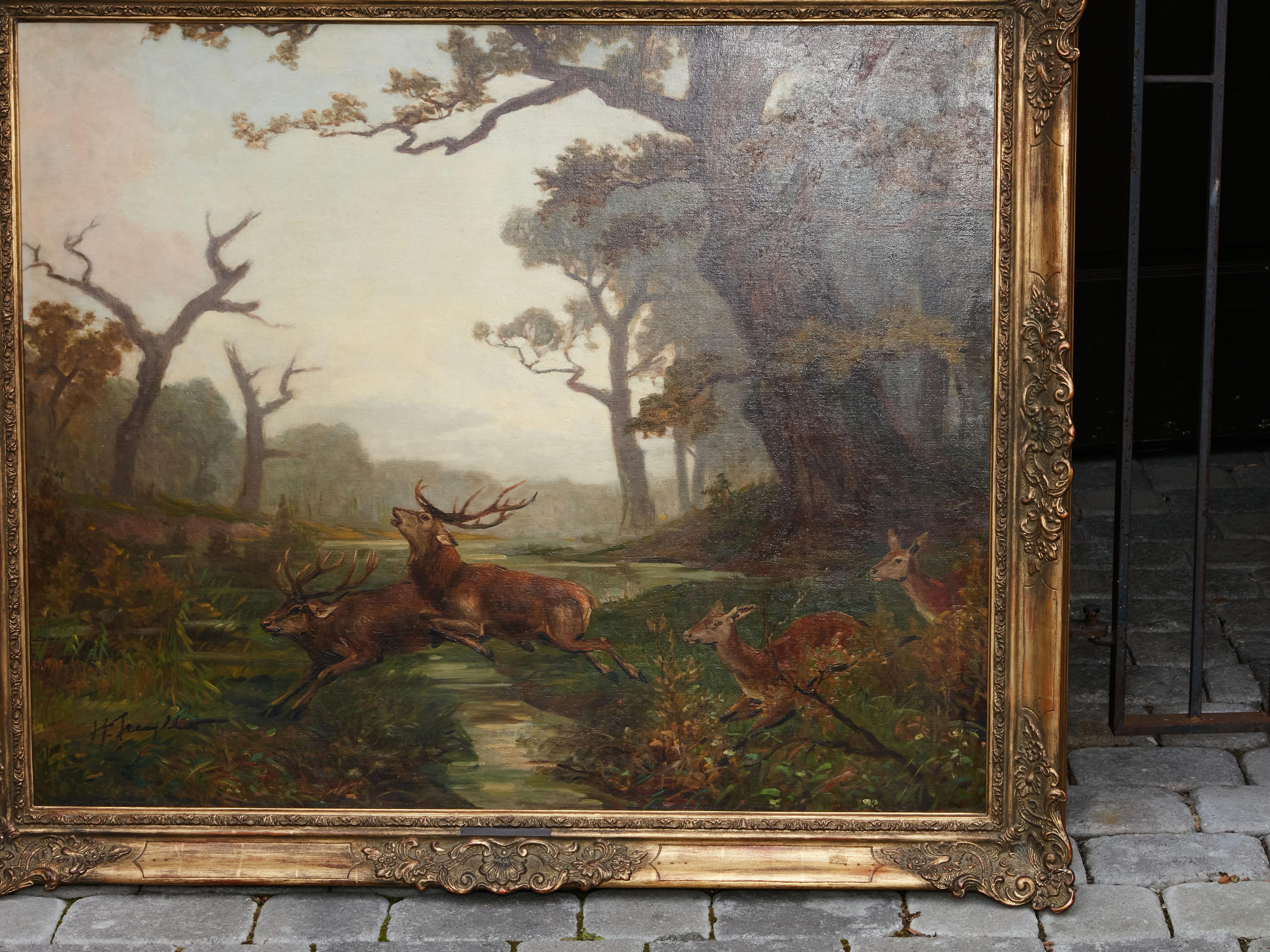 Belgian Oil on Canvas Painting Depicting a Herd of Running Deer, circa 1900-1940 2