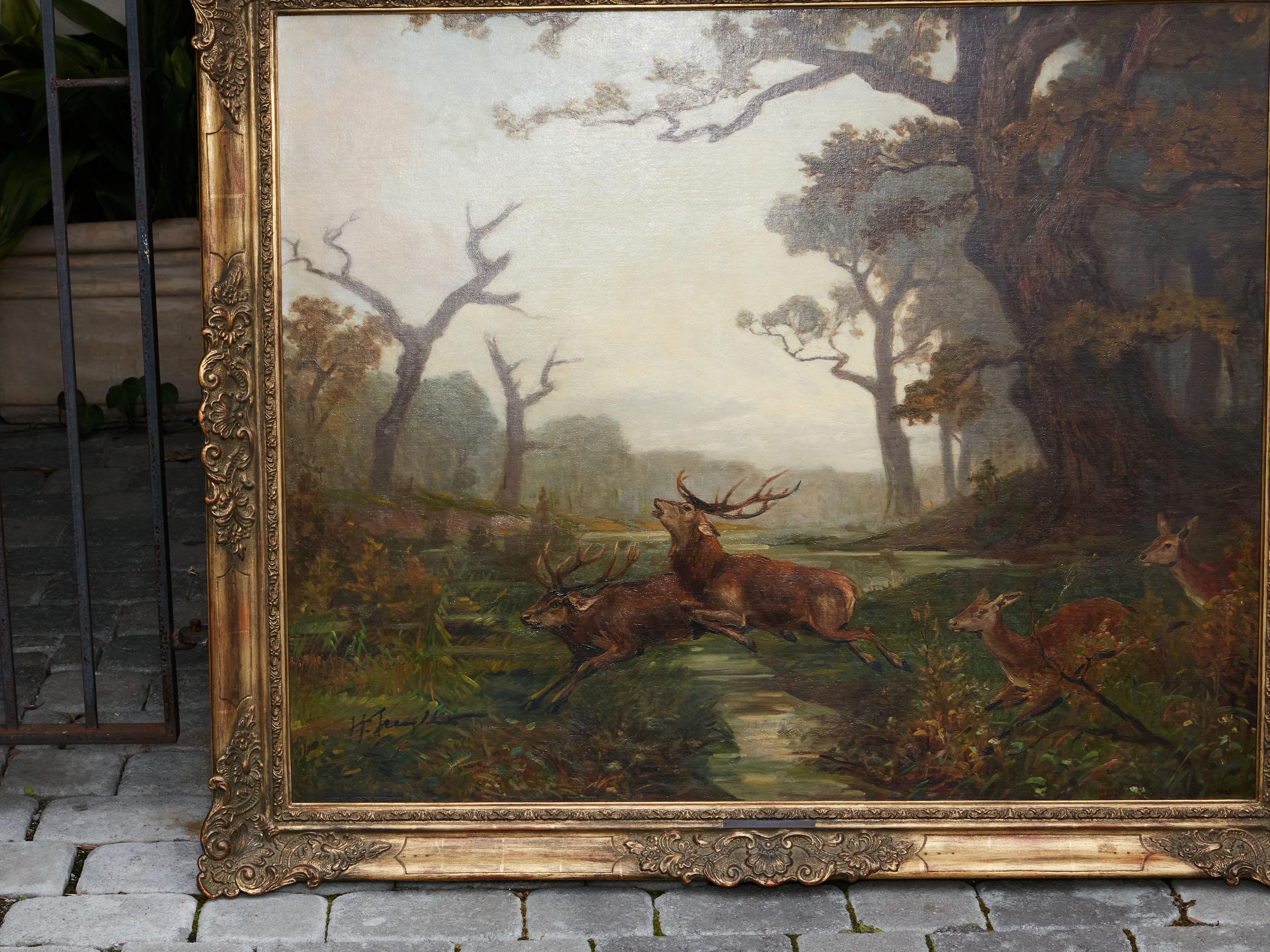 Belgian Oil on Canvas Painting Depicting a Herd of Running Deer, circa 1900-1940 3