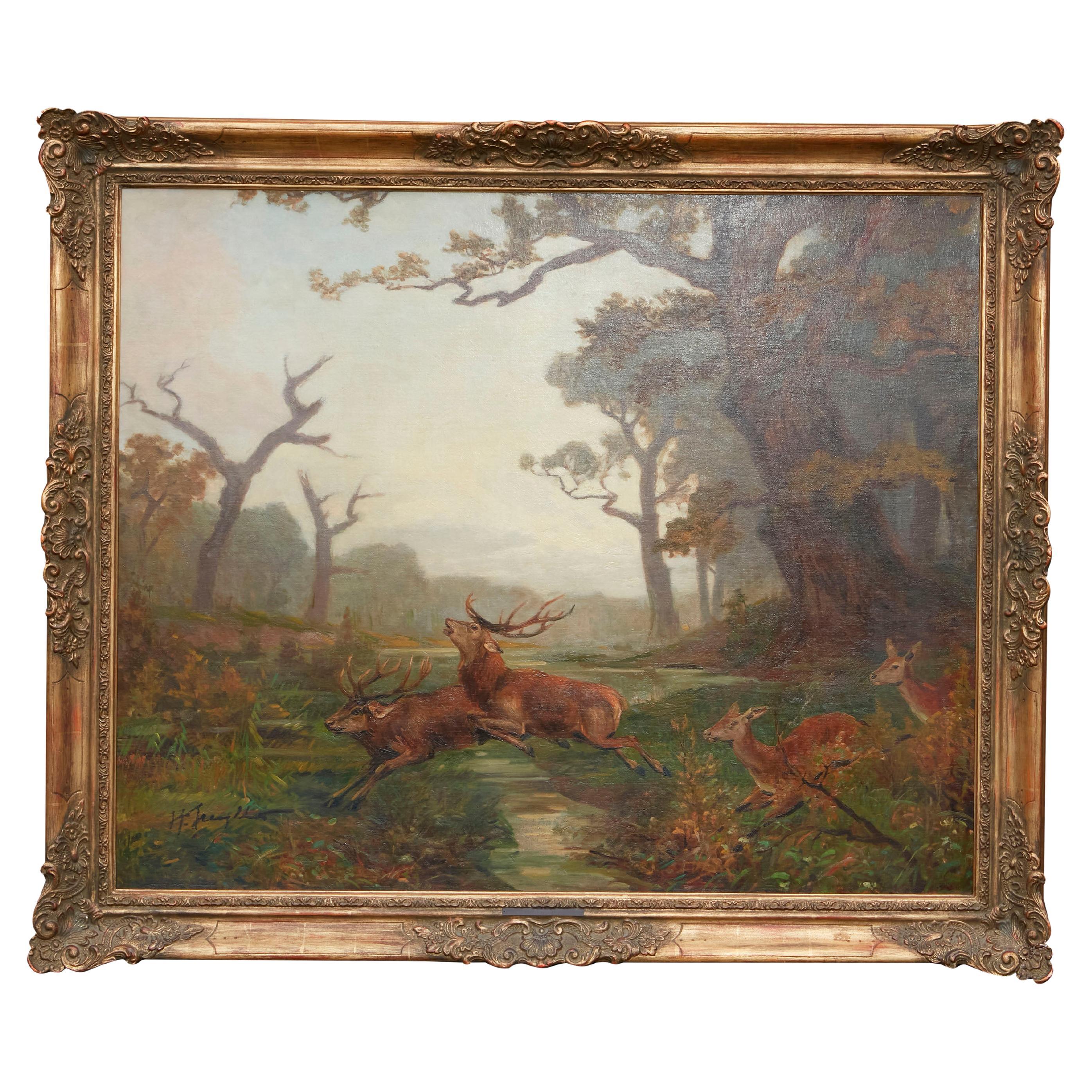 Peinture belge à l'huile sur toile représentant une harde de cerfs en liberté, vers 1900-1940