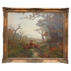 Belgian Oil on Canvas Painting Depicting a Herd of Running Deer, circa 1900-1940