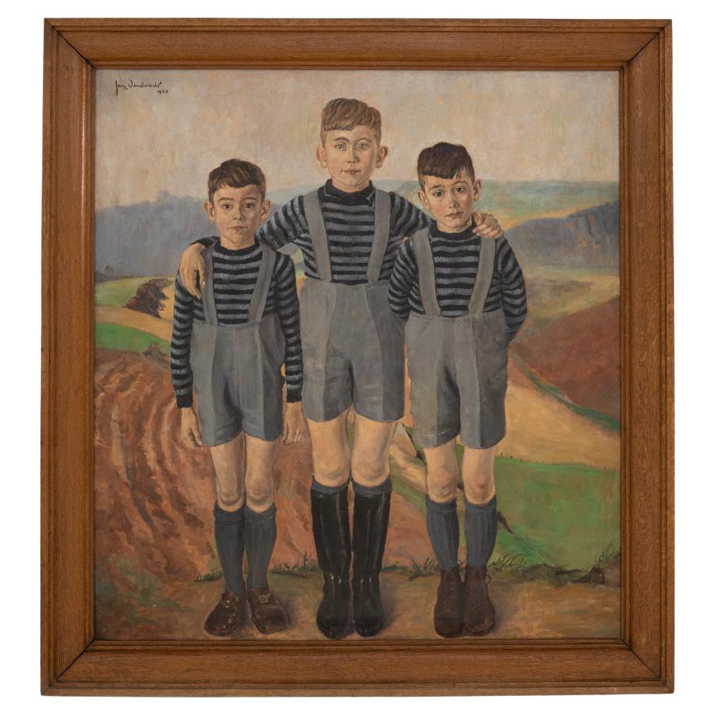 Belgian Oil On Canvas Portrait Of Three Boys By Jan Verdoodt 1940