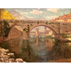 Belgian Oil Painting, Impressionist Paul Leduc, "Le Pont Vieux" 'Sospel, France'