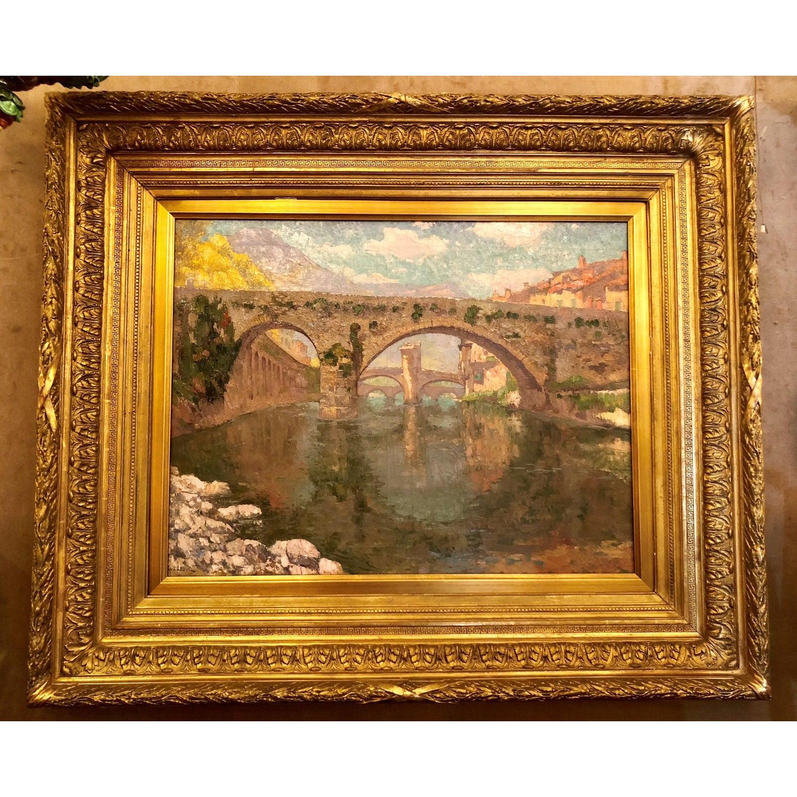 Peint à la main Peinture à l'huile belge, impressionniste Paul Leduc, « Le Pont Vieux », « Saint-Esprit, France » en vente